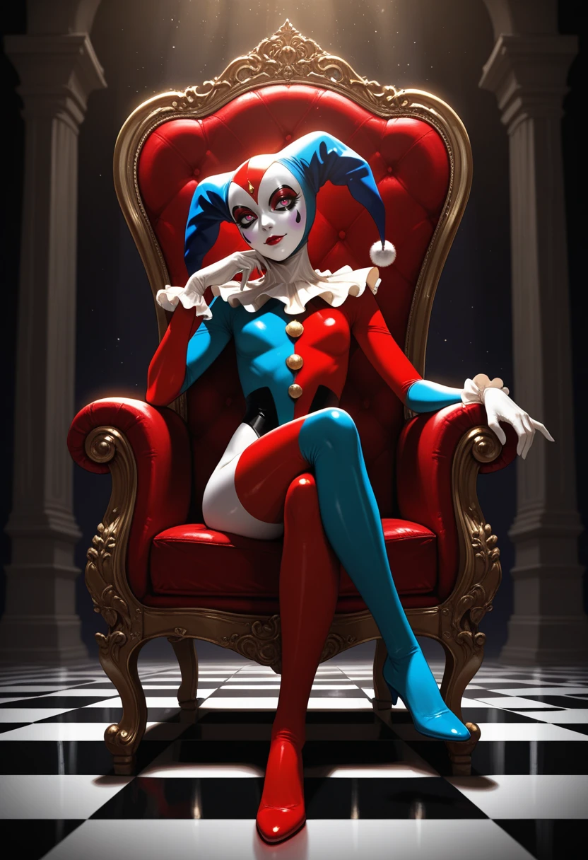 Crazy Clown Queen, sitting on a golden throne, Wear a clown hat, Wear a clown costume, mitts, vivd colour, Laughing, Deep blonde hair, Cute breasts, Horror , (did not wear panties),Wavy hair, Bun, and high heels. Blood, Circus props, spooky ambiance, haunted background. Surrealist style, Sharp contrast, ominous lighting, high-density imaging review, Ultra-high definition, Studio lighting, Like a painting, ultra-fine painted, Sharp focus, physically-based renderingt, Extreme detail description, professional (Horror )