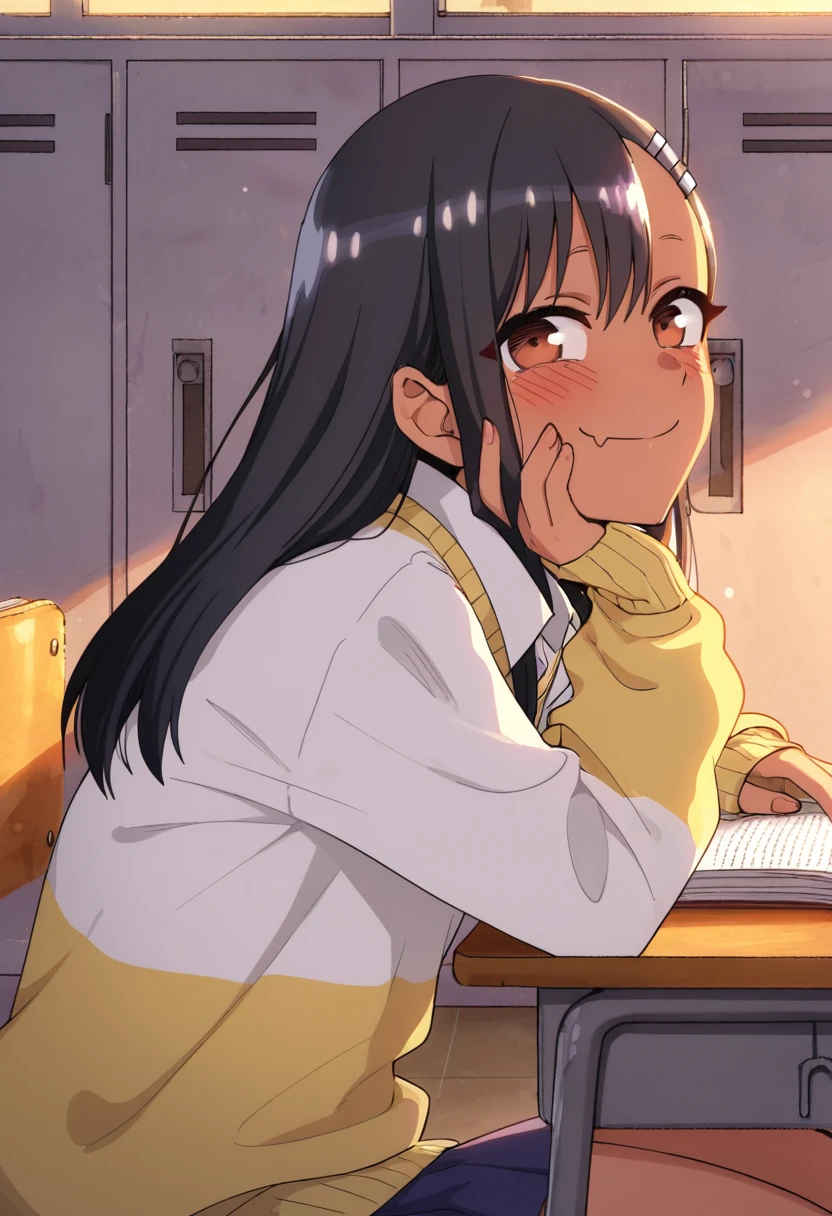 masterpiece, best quality, good quality, very awa, newest, highres, absurdres,outdoors, HayaseNagatoro-DontToyWithMeMissNagatoro,
Hayase Nagatoro \(Don't Toy With Me Miss Nagatoro\), 1girl, solo, long hair, looking at viewer, blush, smile, bangs, skirt, shirt, black hair, hair ornament, long sleeves, brown eyes, sitting, closed mouth, school uniform, white shirt, alternate costume, hairclip, fang, collared shirt, indoors, dark skin, sweater, dark-skinned female, book, chair, skin fang, desk, open book, asymmetrical bangs, classroom, school desk, fang out, locker, school chair, yellow sweater
,<lora:Hayase Nagatoro (Don't Toy With Me, Miss Nagatoro) Illustrious v1:0.8>