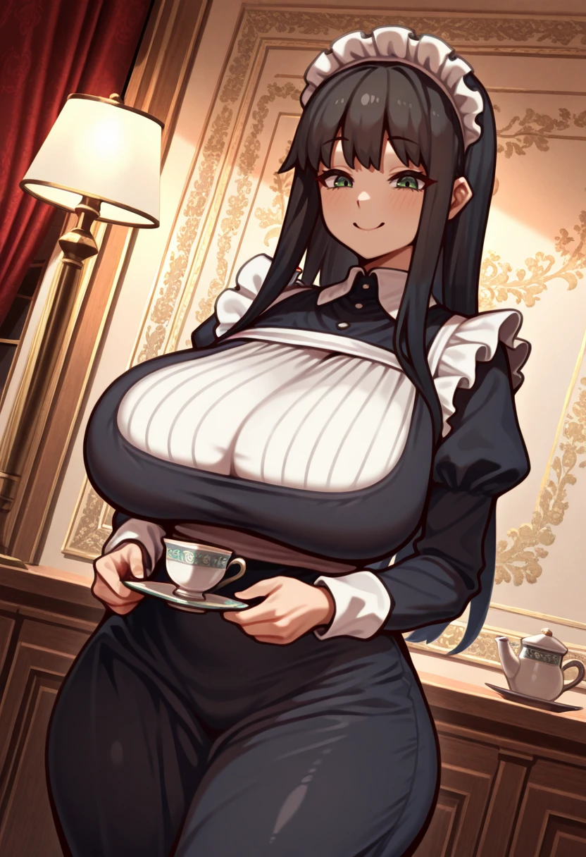 masterpiece, best quality, ultra hd, extremely detailed <lora:4sh(azurlane cheshire):0.8>
detrailed fac, detailed eyes, clear eyes, large breasts
4shog, 4shdress, maid, aqua eyes,
frills, detached sleeves, white thighhighs, garter straps,
holding tray, teapot, cup, smile, :d, skin fang,
