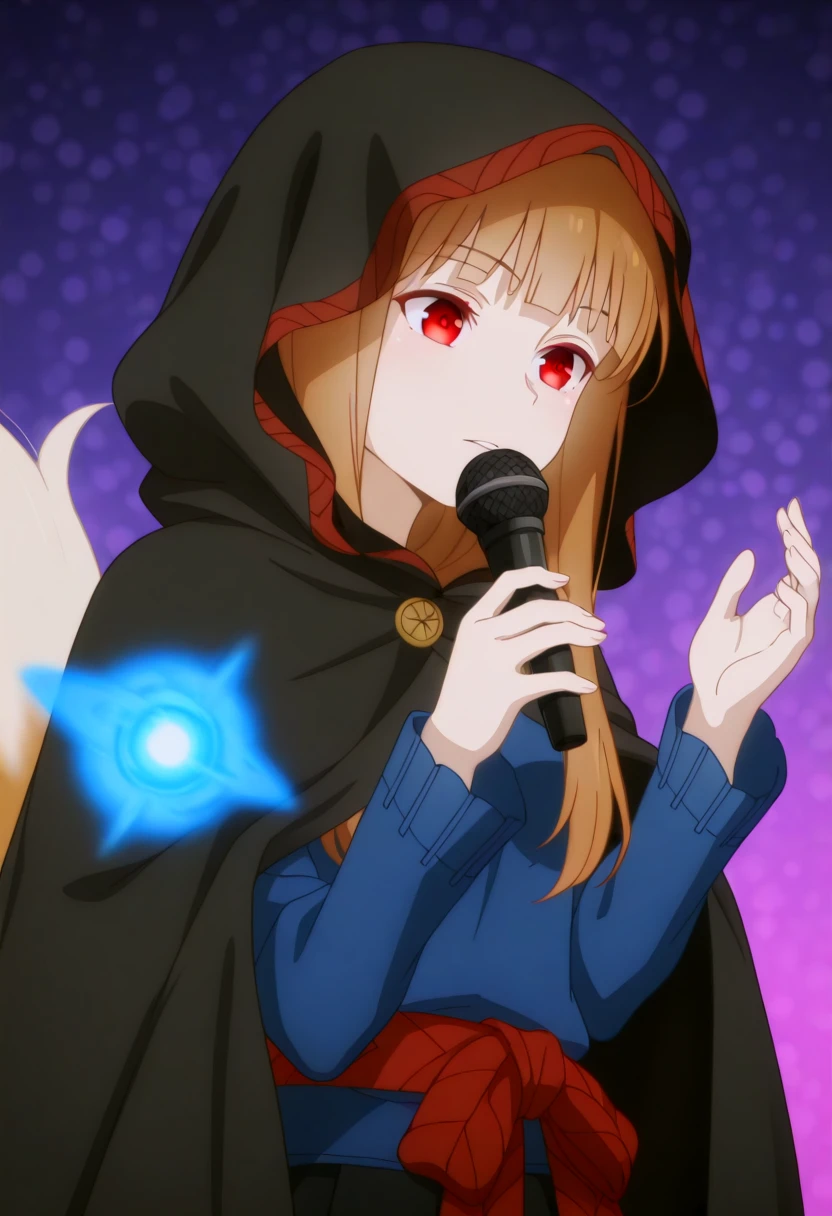 holooutfit1_cloaked, 1girl, long brown hair, bangs, red eyes, fox ears, medium , |  hooded cloak, long black cloak, red patterned trim, braided trim, under cloak long black dress, fur trim, red belt, long sleeves, blue shirt, open vest, , beads, fox tail,
 <lora:Holo_IL:1>,
 power elements, microphone, vibrant blue color palette, abstract,abstract background, dreamlike atmosphere, delicate linework, wind-swept hair, energy ,masterpiece,best quality,amazing quality.