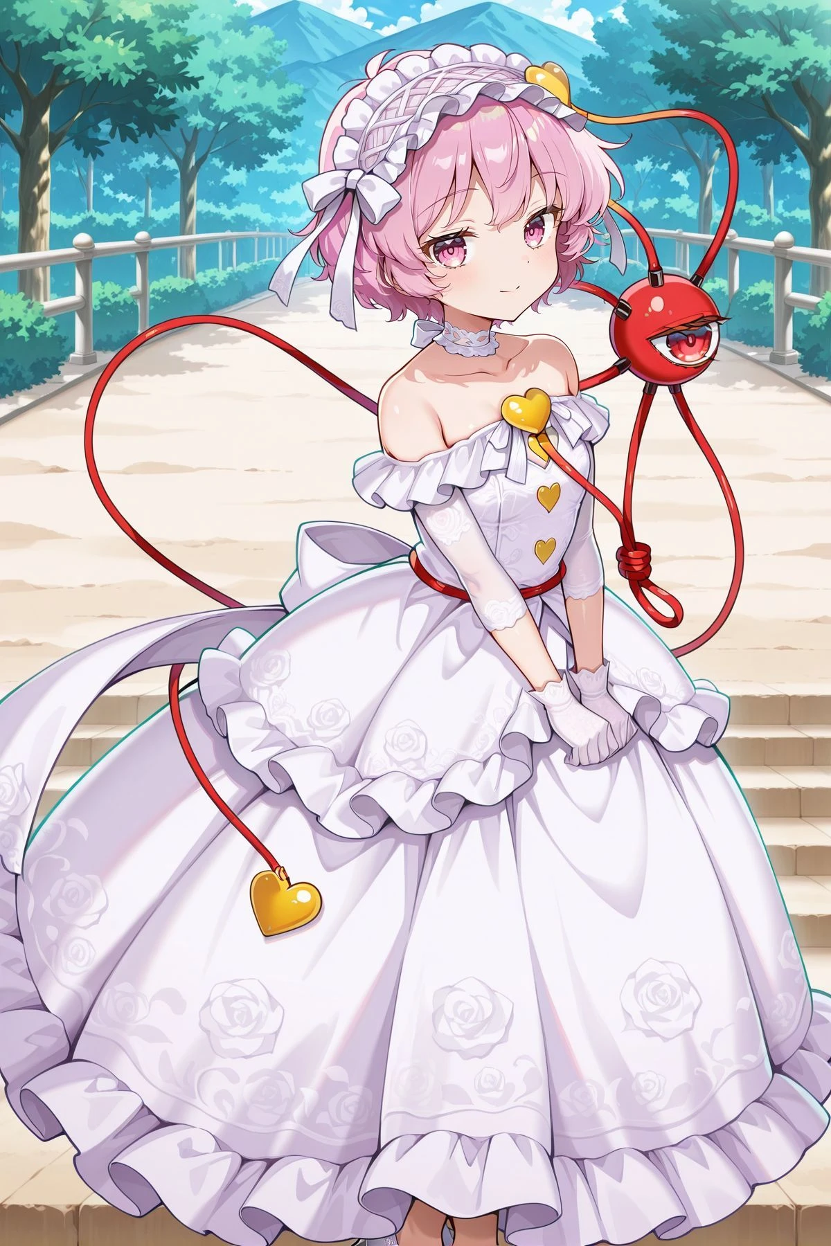 absurdres, highres, masterpiece, best quality, amazing quality, official anime artwork, screencap, anime screencap, looking at viewer, outdoors, smile,
<lora:Komeiji-Satori_IllustriousV2:1> komeiji satori, 1girl, solo, pink eyes, pink hair, short hair, third eye,, komeiji satori \(blank white map of the underworld\), alternate costume, frilled hairband, white hairband, heart hair ornament, crystal hair ornament, white choker, off shoulder, bare shoulders, wedding dress, strapless dress, long dress, yellow buttons, heart button, white gloves, white shoes, high heels,