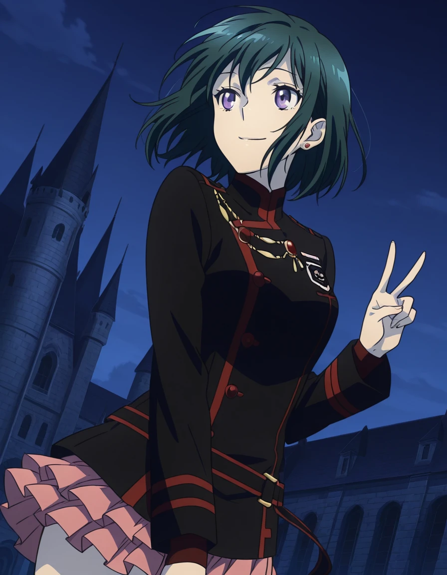 masterpiece, best quality, detailed background, detailed face, anime screencap <lora:Lenalee_Lee_-_D_Gray-Man__Hallow:1>, dutch angle, close up, 1girl, arms in v, solo,Lenalee Lee Hw, medium hair, dark green hair, purple eyes, earring, medium breasts, third uniform, black collared jacket with red details, long sleeves, red arm sleeves , emblem, pleated skirt, Pink miniskirt, castle, indoors, night time