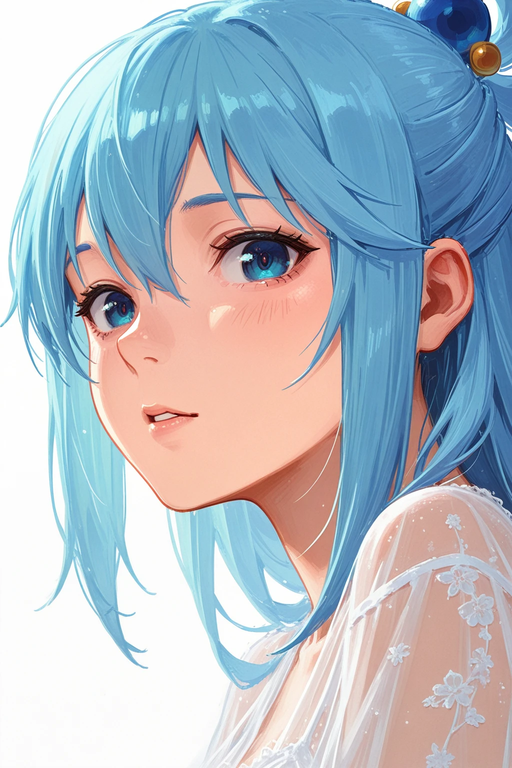 white_background,close-up, aqua_\(konosuba\), blue_eyes, blue_hair, hair_ornament, solo, looking_at_viewer, transparent clothes, , masterpiece, best quality, amazing quality, very aesthetic,