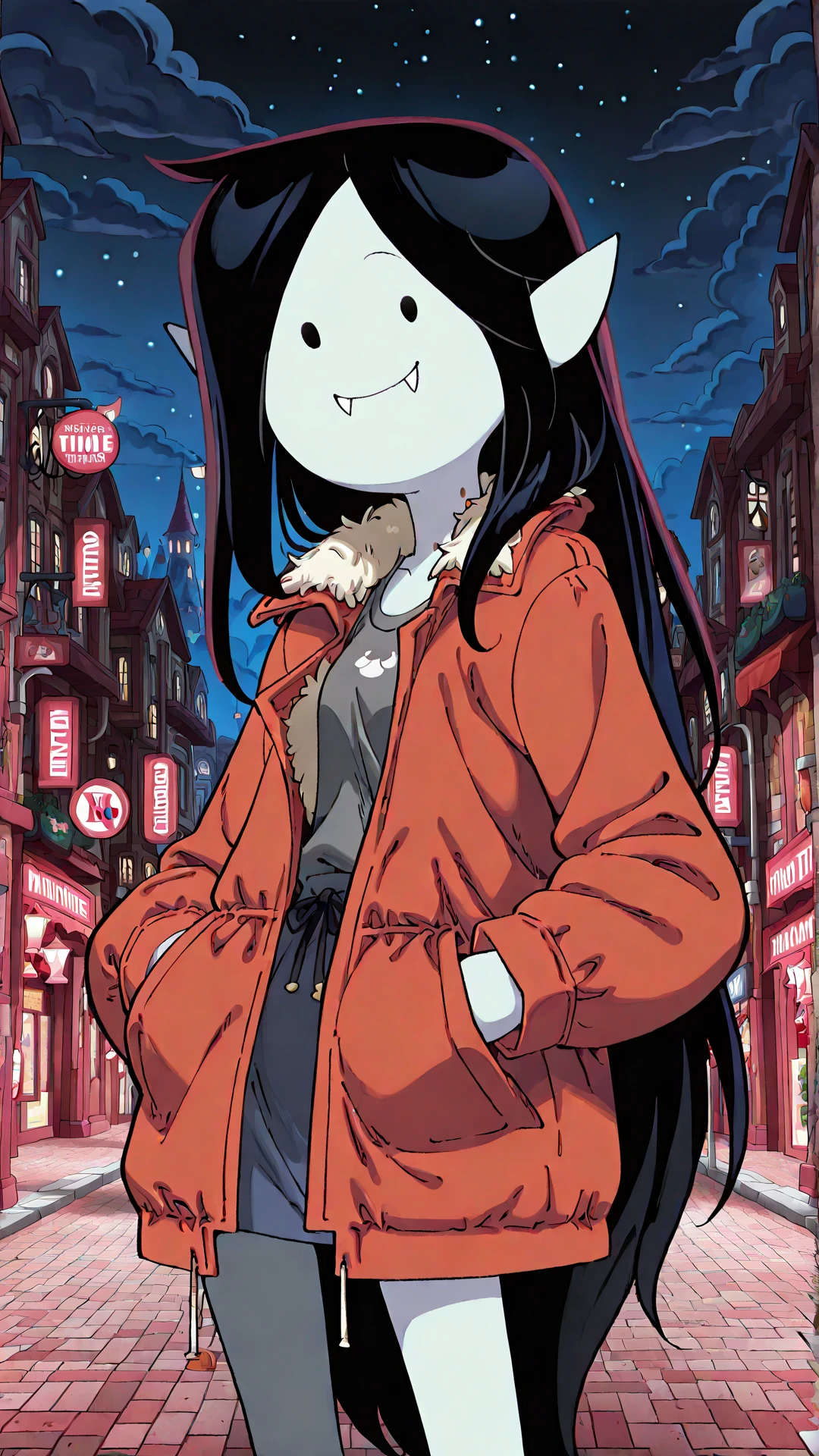 adventuretime_marceline, ((best quality, masterpiece, absurdres)), ((1girl, solo, long hair, black hair, pointy ears, black eyes, solid oval eyes, fangs, grey skin)), ((coat, hands in pocket)), ((looking at viewer, smile)), ((promotional art, very aesthetic, night time))