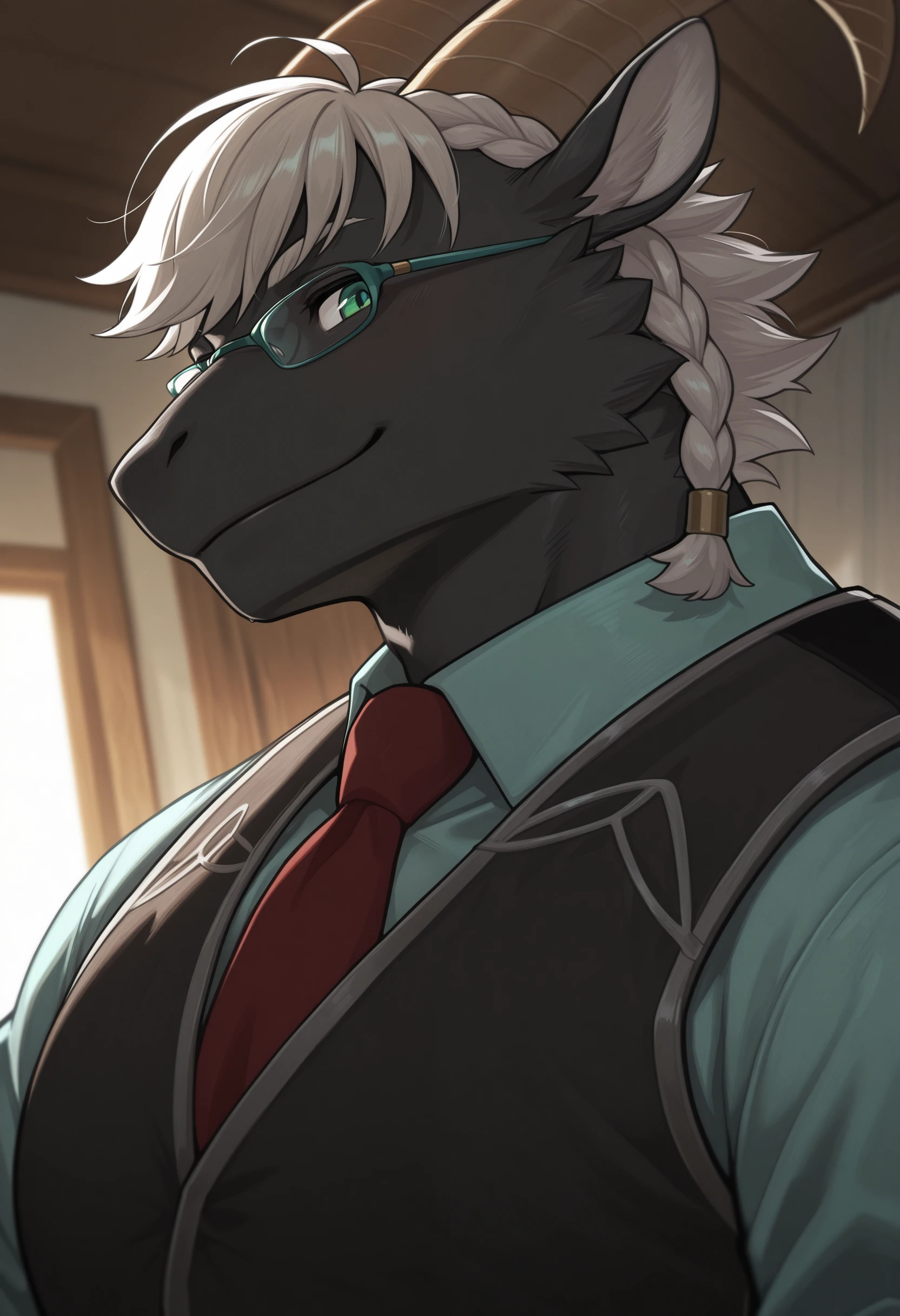 masterpiece, best quality, amazing quality, 1boy, solo, TanngrisnirTAS, Green eyes, Glasses, Vest, Shirt, necktie, close-up, smile