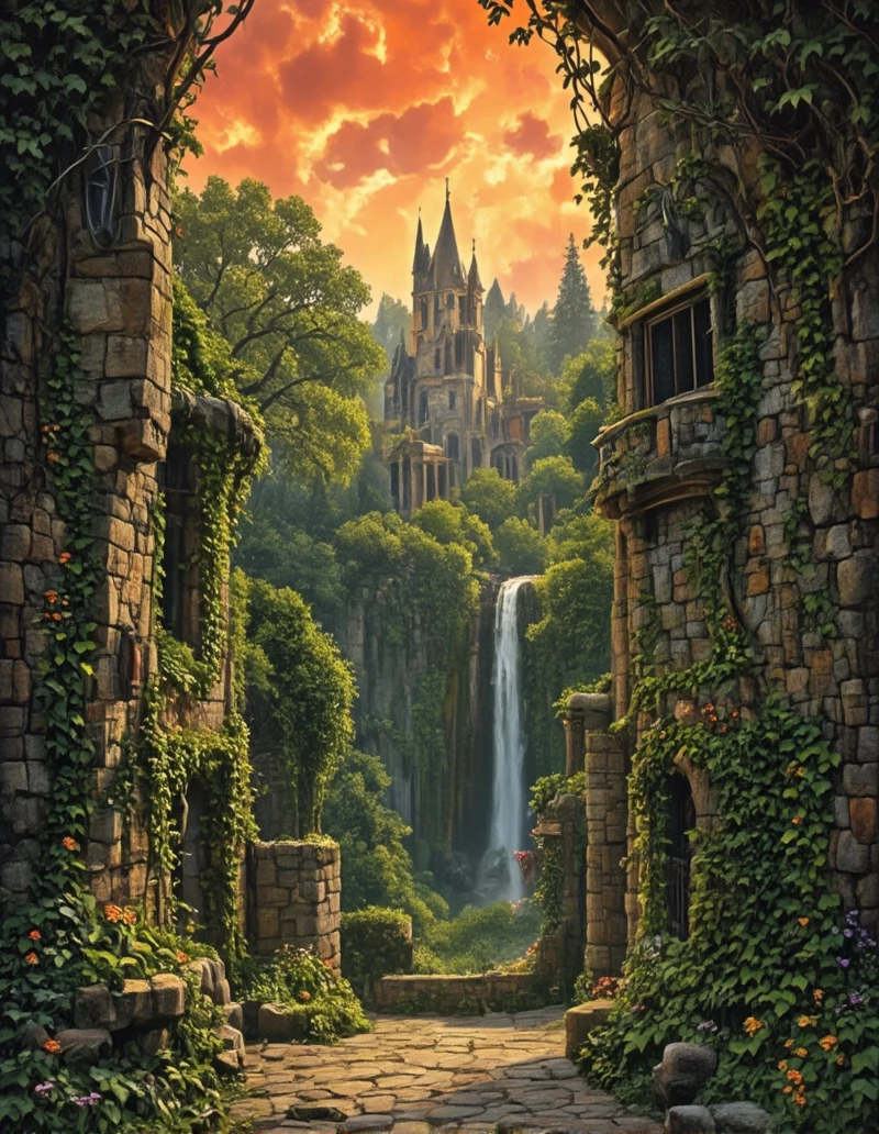 <lora:MW_Minis02flux:1> m1md, street, epic details, orange clouds, fire sky, climbing ivy, forest, green, waterfall, T8, crumbled ground