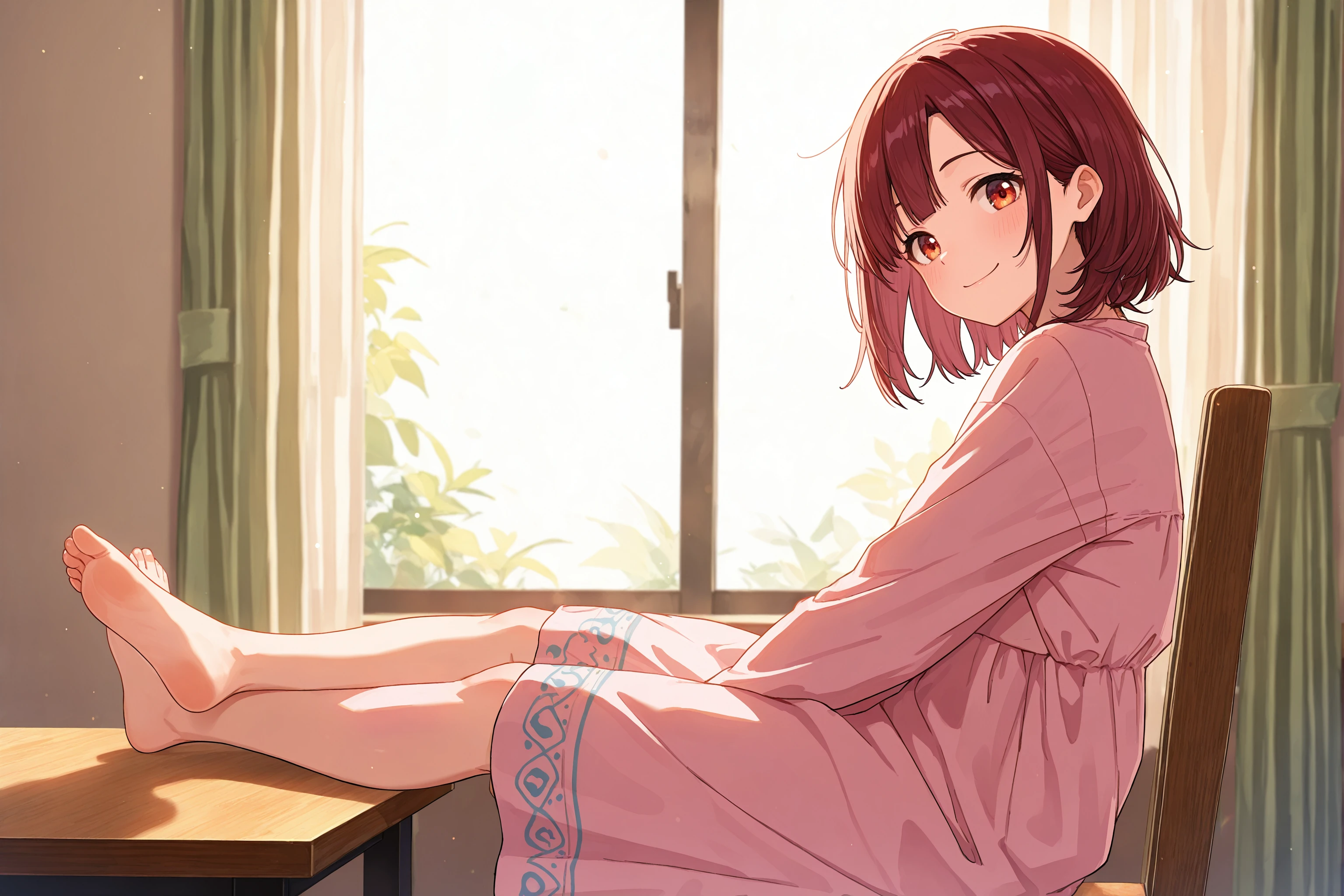 masterpiece, best quality, absurdres, safe
1girl, sitting, outstretched legs, full body, feet on table, crossed ankles,
on chair,
looking at viewer, smile, from side, looking back,
<lora:outstretched_legs_il_2_v2_final:1>