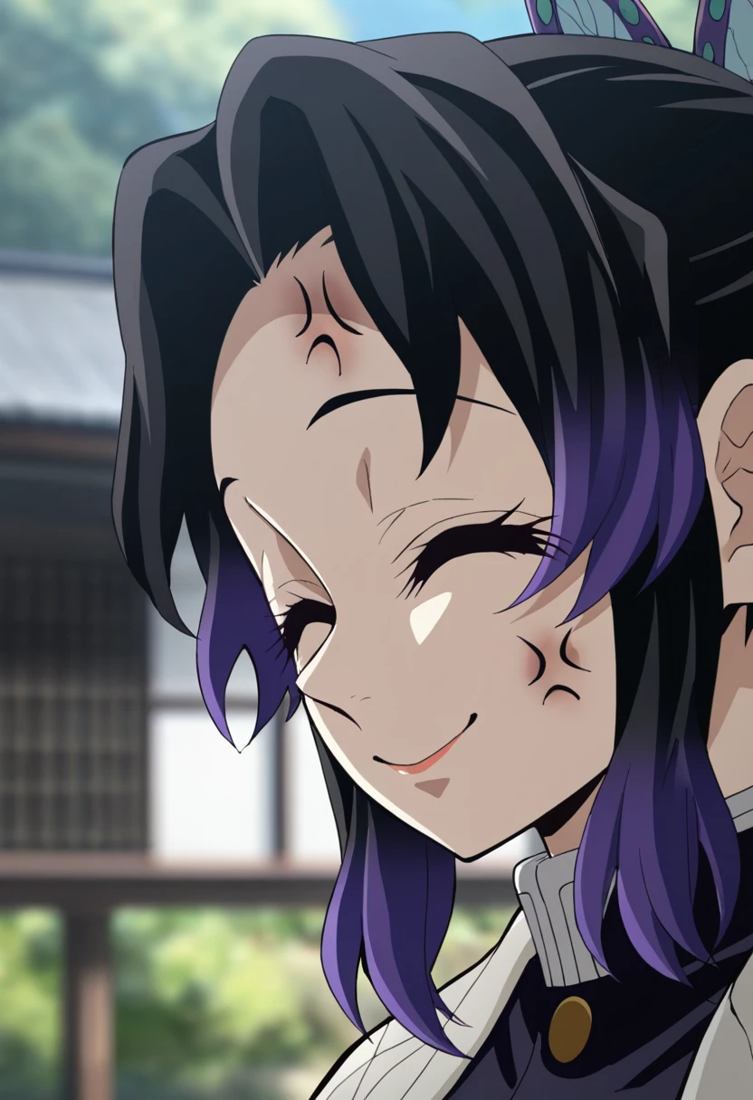 masterpiece, best quality, good quality, very awa, newest, highres, absurdres,outdoors,ShinobuKocho-DemonSlayer,
shinobu kocho \(demon slayer\), 1girl, solo, smile, short hair, black hair, hair ornament, closed mouth, closed eyes, purple hair, sidelocks, multicolored hair, japanese clothes, blurry, blurry background, ^ ^, portrait, anger vein, facing viewer, veins, butterfly hair ornament, demon slayer uniform, false smile, two-tone hair, face focus
,<lora:Shinobu Kocho (Demon Slayer) Illustrious v3:0.8>