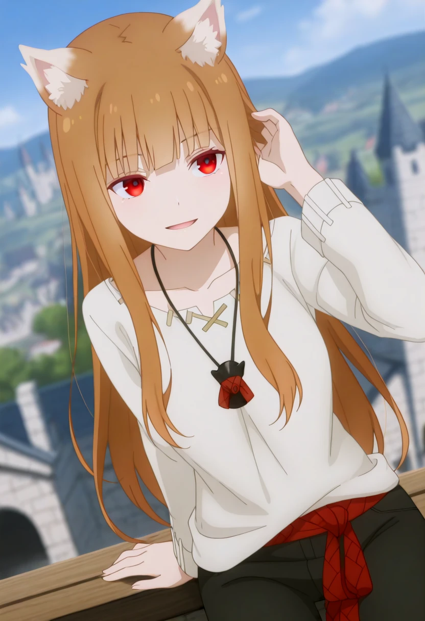 holooutfit3, 1girl, long brown hair, bangs, red eyes, fox ears, medium , | white shirt, long sleeves, loose shirt, black pants, cropped pants, necklace, pendant, red braided sash,
<lora:Holo_IL:1>,
(Character), score_9, score_8_up, score_7_up, very aesthetic, source_anime, detailed, high quality, beautiful, masterpiece, detailed eyes, castle, village, blurry background, cityscape, pose dynamic angle, light smile, open mouth, hand on hair, sitting.