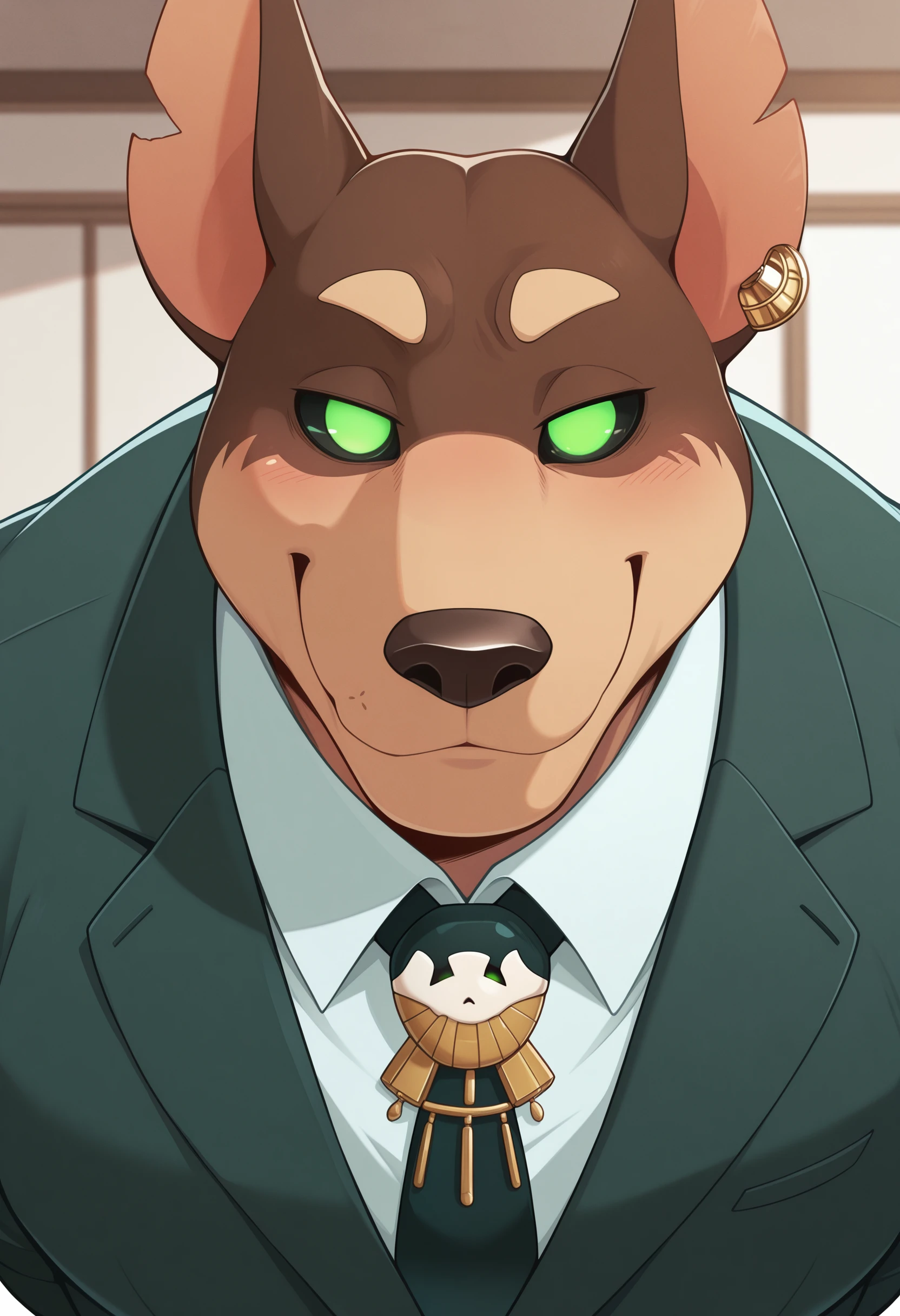 masterpiece, best quality, amazing quality, 1boy, solo, XolotlTAS, suit, close-up, black sclera, smile, no pupils, earring