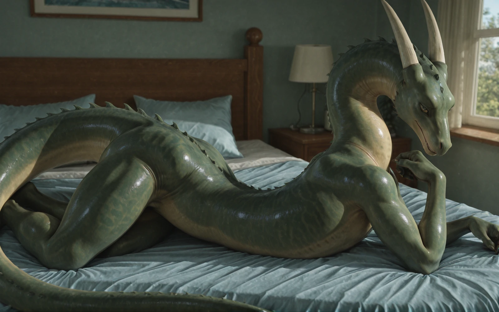 (((duo))), ((((((human on feral dinosaur, huge canine pussy, anus, dinosaur tail, raised tail, leaning on bed, large insertion, pov, doggystyle, hands on butt)))))), (((((butt focus, bedroom, hyper penis, open mouth, Double penetration, anal fingering))))), masterpiece, high details, high quality, best quality, highres, HD