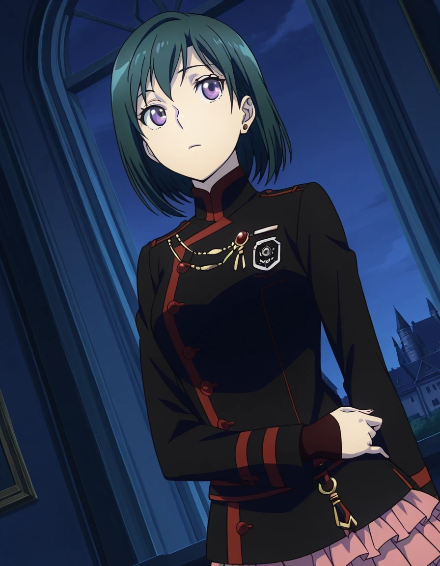 masterpiece, best quality, detailed background, detailed face, anime screencap <lora:Lenalee_Lee_-_D_Gray-Man__Hallow:1>, dutch angle, close up, 1girl, solo,Lenalee Lee Hw, medium hair, dark green hair, purple eyes, earring, medium breasts, third uniform, black collared jacket with red details, long sleeves, red arm sleeves , emblem, pleated skirt, Pink miniskirt, castle, indoors, night time