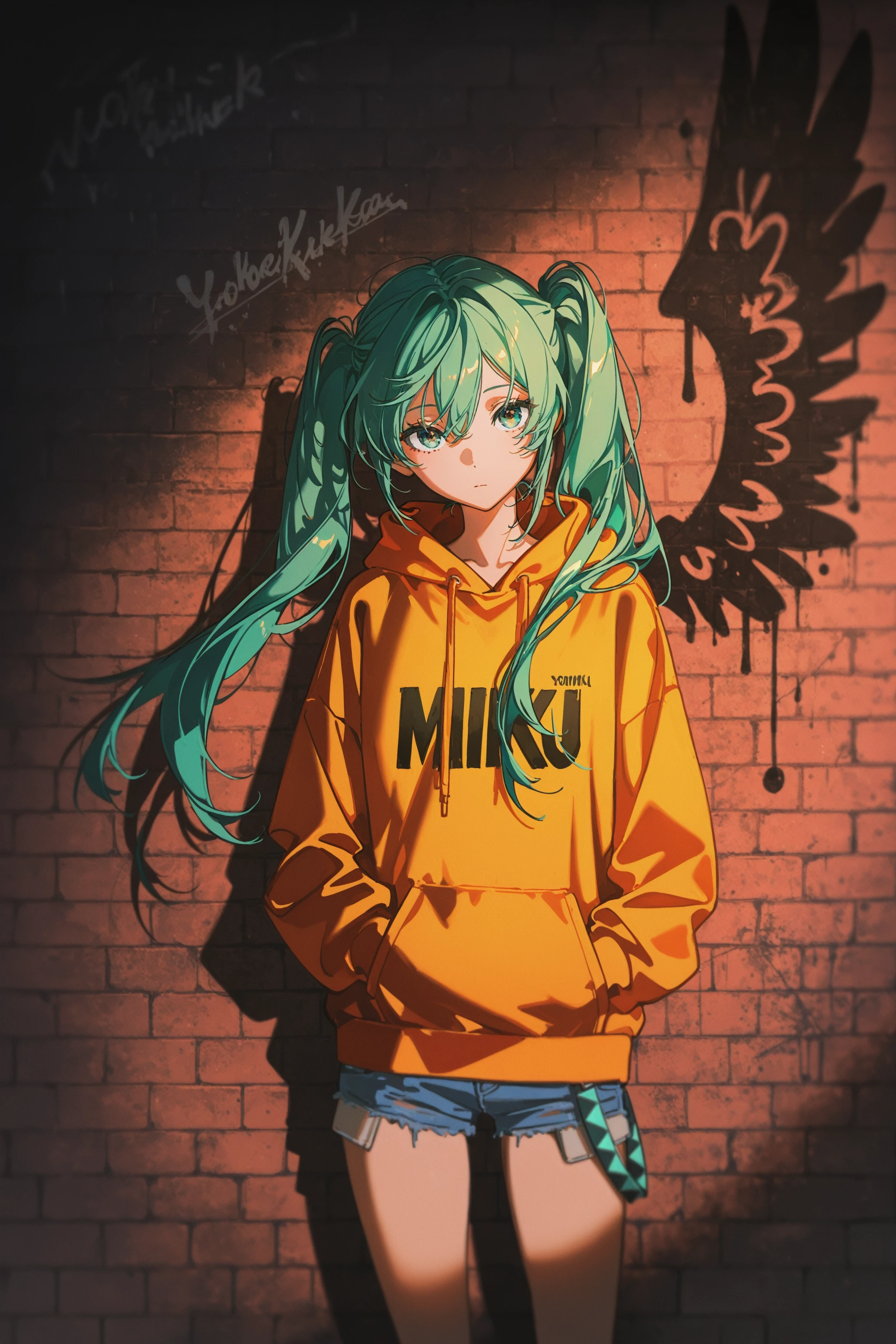 masterpiece, best quality, absurdres, safe
wings graffiti, brick wall,
[:1girl, hatsune miku,
hoodie, hands in pocket, denim shorts,
looking at viewer, : 0.05]
shadow, dark background,
johnkafka,
yoneyama mai,
<lora:angel_with_a_shotgun_il_5_d16:1>
<lora:front_lighting_il_2_d16_soft:1>