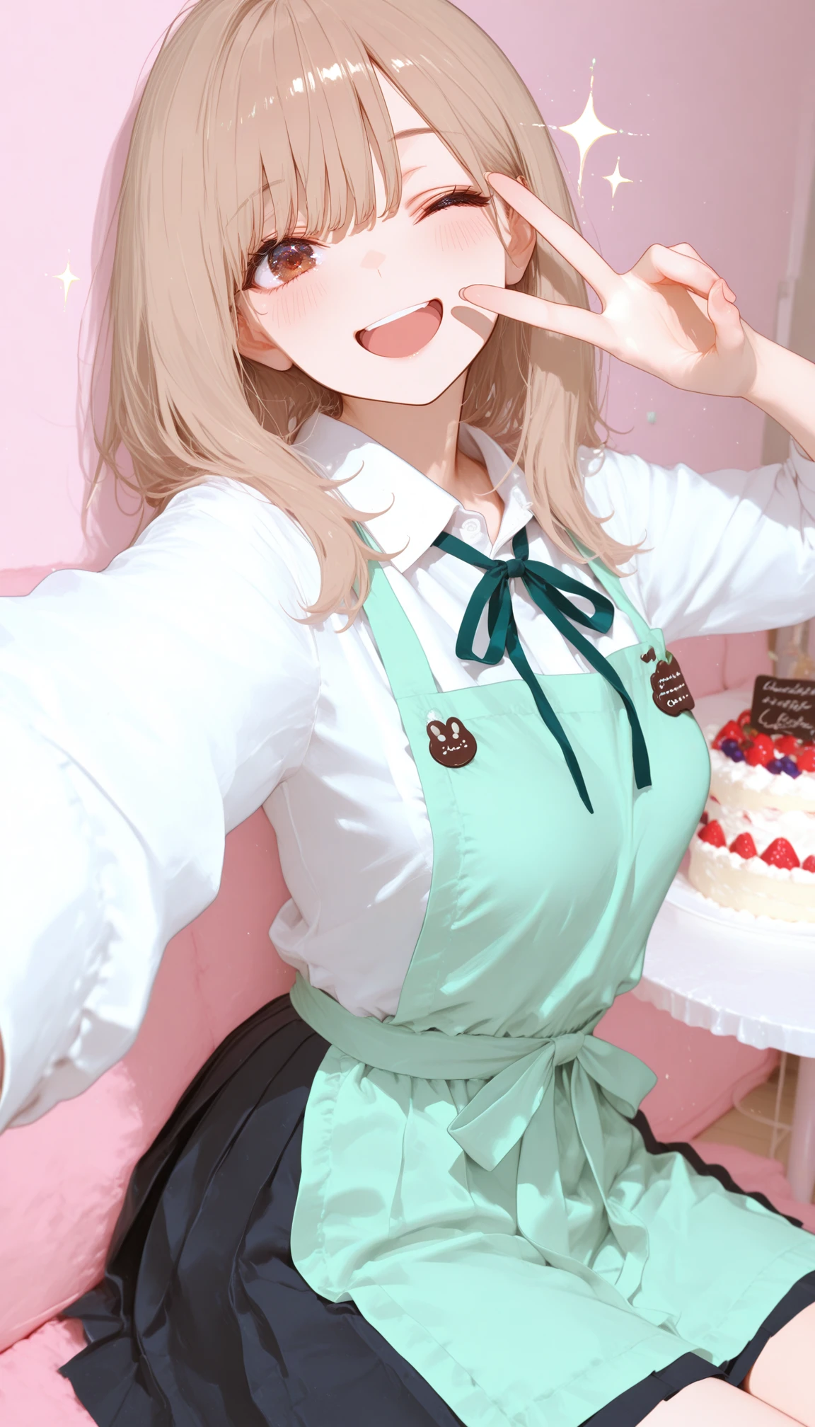 masterpiece, best quality, amazing quality, very aesthetic, absurdres, highres, newest, HDR, 8K, high detail, intricate detailed,
1girl, solo, light brown hair, brown eyes, collared shirt, white shirt, string ribbon, black skirt, pleated skirt, cute atmosphere, cut pose, nostalgic, mint color apron, good looking, pastel colors, Big cake, table, sitting, shining, sparkle, smile, selfie, v, ;d,