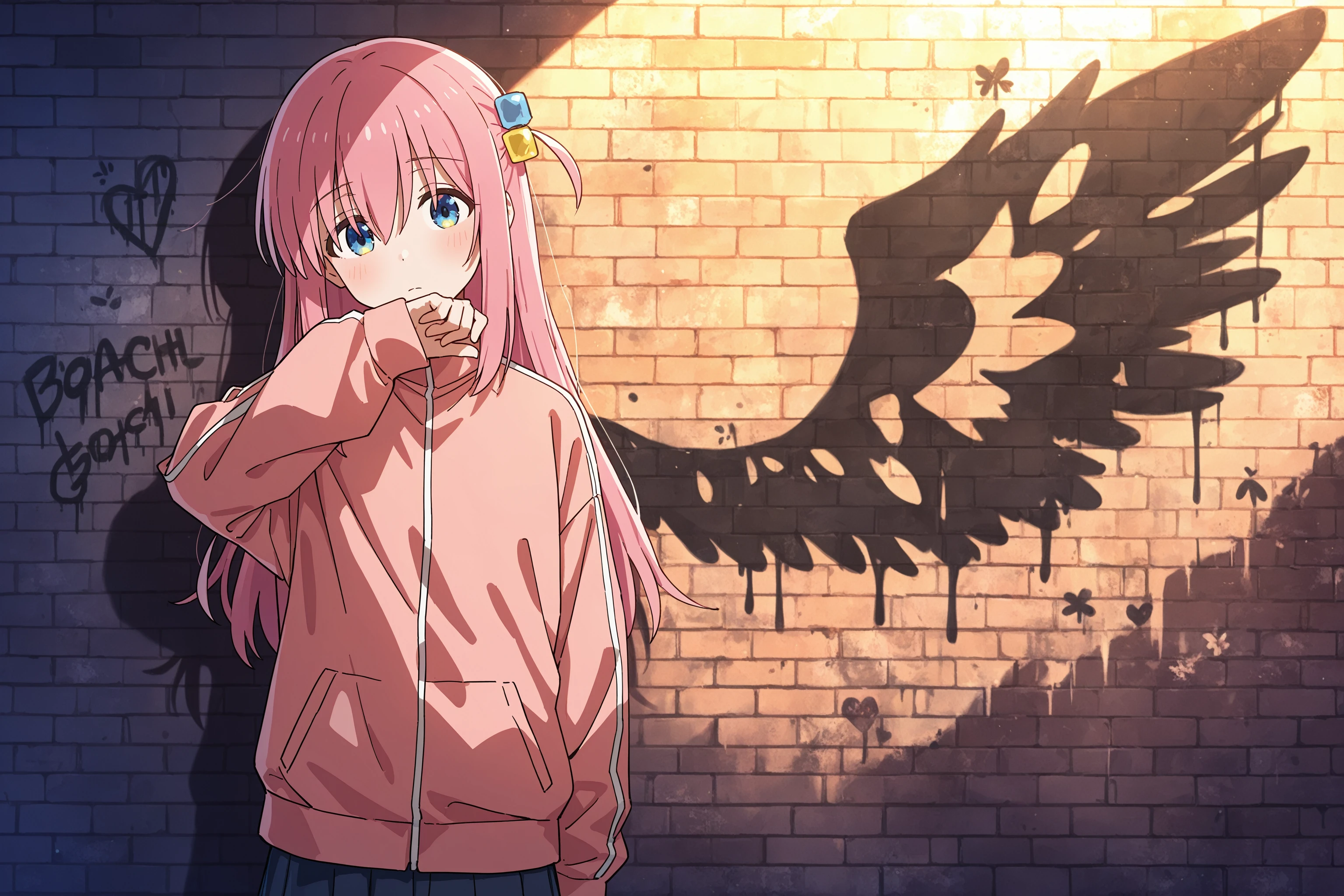 masterpiece, best quality, absurdres, safe
1girl, wings graffiti, brick wall, hand up
bocchi, pink hair, hair ornament, pink jacket, 
<lora:angel_with_a_shotgun_il_5_d16:1>