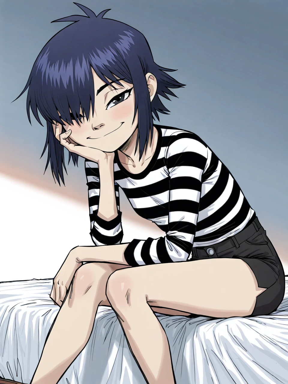 (masterpiece,best quality,newest,absurdres,highres), N00dl3P2, 1girl, solo, short hair, black hair, hair over one eye, black eyes, black shorts, striped shirt, sitting on bed, seductive smile, head rest, looking at viewer <lora:Noodle_Phase2_IllustriousXL:0.8>