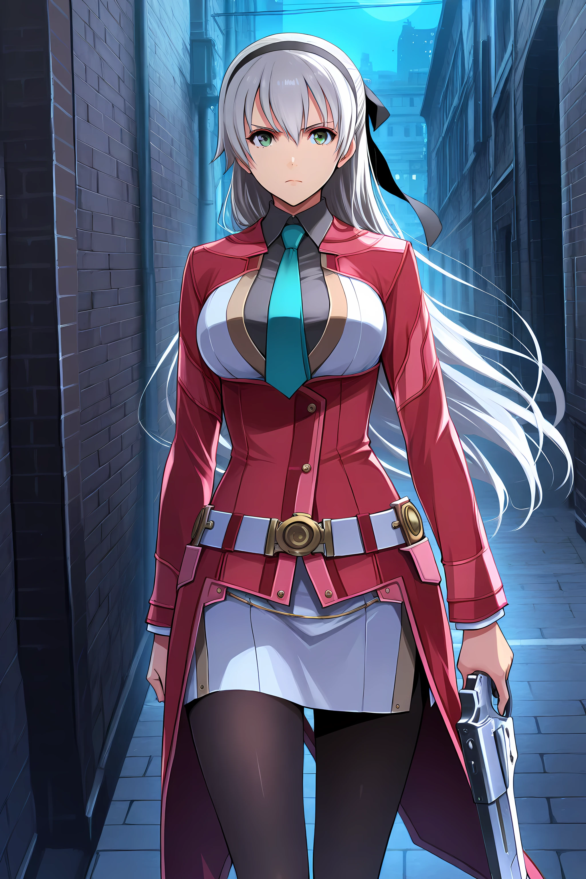 senelie, grey hair, long hair, half updo, green eyes, black hairband, hair ribbon, red coat, collared shirt, aqua necktie, white skirt, white belt, black pantyhose, holding handgun, looking at viewer, city, alleyway, serious, night, katsumi_enami_style,
<lora:XL-KatsumiEnamiStyle-ILXL:1> <lora:elie-illu-nvwls-v1:1>, (masterpiece),(best quality),(ultra-detailed),(best illustration),(best shadow),(absurdres),(detailed background),(very aesthetic),