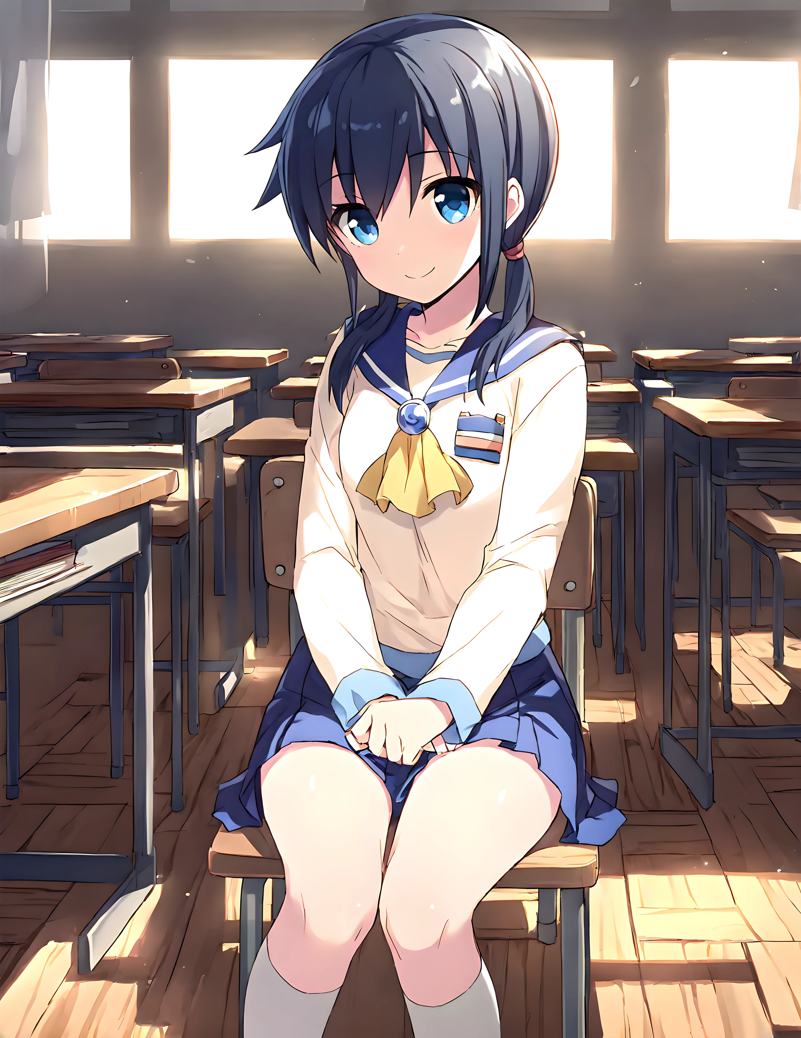 <lora:illustrious_XL_ayumi_v2:0.9>,ayumi,masterpiece,best quality,good quality,1girl,solo,serafuku,long sleeves,ascot,blue pleated skirt,white kneehighs,classroom,wooden floor,sitting_on_chair,smile,front view,moody lighting,light and shadow,