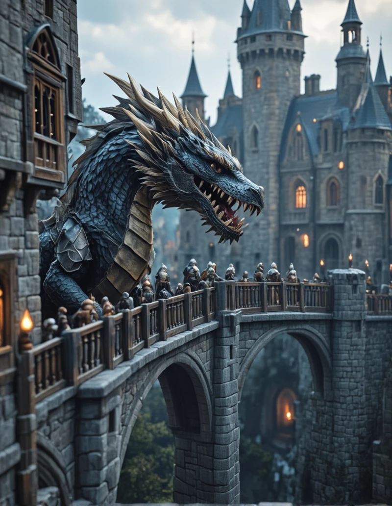 <lora:MW_Minis02flux:1> m1md, animation, medieval, epic, epic details, epic scale, absurdres, outdoors, closeup, knights, huge dragon, medieval castle, medieval windows, bokeh, on a bridge from side, medieval cityscape, blured castle in the background, sky, fire, arch, sky, illuminated windows,