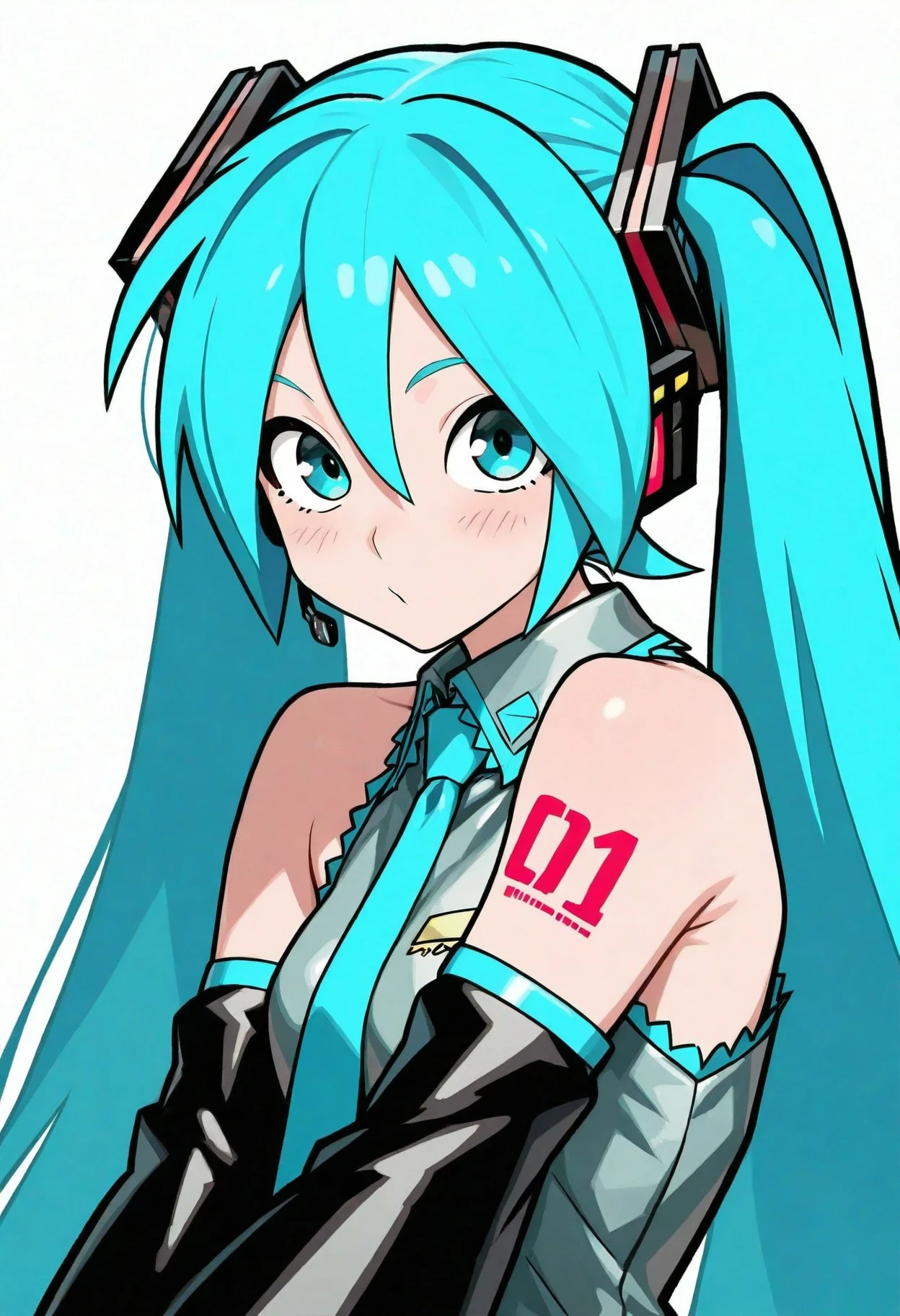 SLE, mksks style, best quality, masterpiece, detailed background, highly detailed, intricate, detailed face, long eyelashes, detailed eyes, (standing, from below:1.2), (thick thighs:1.0), (medium breasts:1.0), (white background:1.3),

(one girl, 1girl:1.1), (solo:1.3), (hatsune miku:1.3), (light blue eyes:1.3), (light blue hair:1.2), (twintails:1.1), (thick lips:1.3), (pale skin:1.0), (eyeshadow:1.3),

(white shirt, blue tie, black gloves, elbow gloves, black thigh boots, shoulder tattoo, black skirt, headset:1.3),

(light smile:1.3), <lora:envybetterhandsLocon_beta2:1> <lyco:SwamiTsunami-LoCon:1>