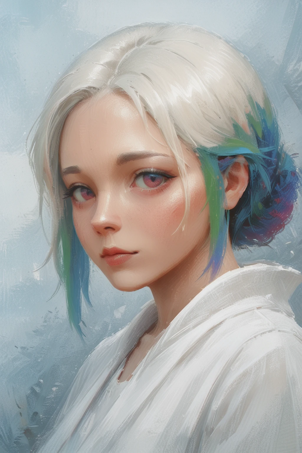 (oil_painting:1.3),, masterpiece, best quality, newest, highres, absurdres,no lineart, no outline, detailed, looking at viewer, 1girl, solo, chromatic aberration, rainbow hair,white theme ,limited palette,tenebrism,close up, depth of field
