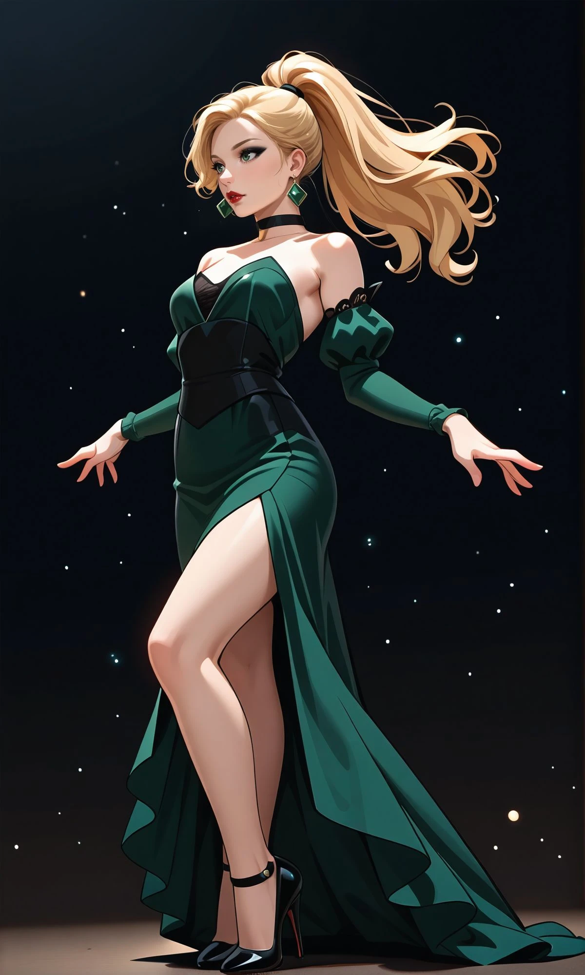 woman, dark background,  shoulders, choker, black eyeliner, eyeshadows, suspended particles, detached sleeves, elegant outfit, earrings, full body, skirt, heels, looking away, legs, cute pose, low angle, <lora:Woomy 6 IL:0.8> dark green eyes, red lips, full lips, blond, ponytail,