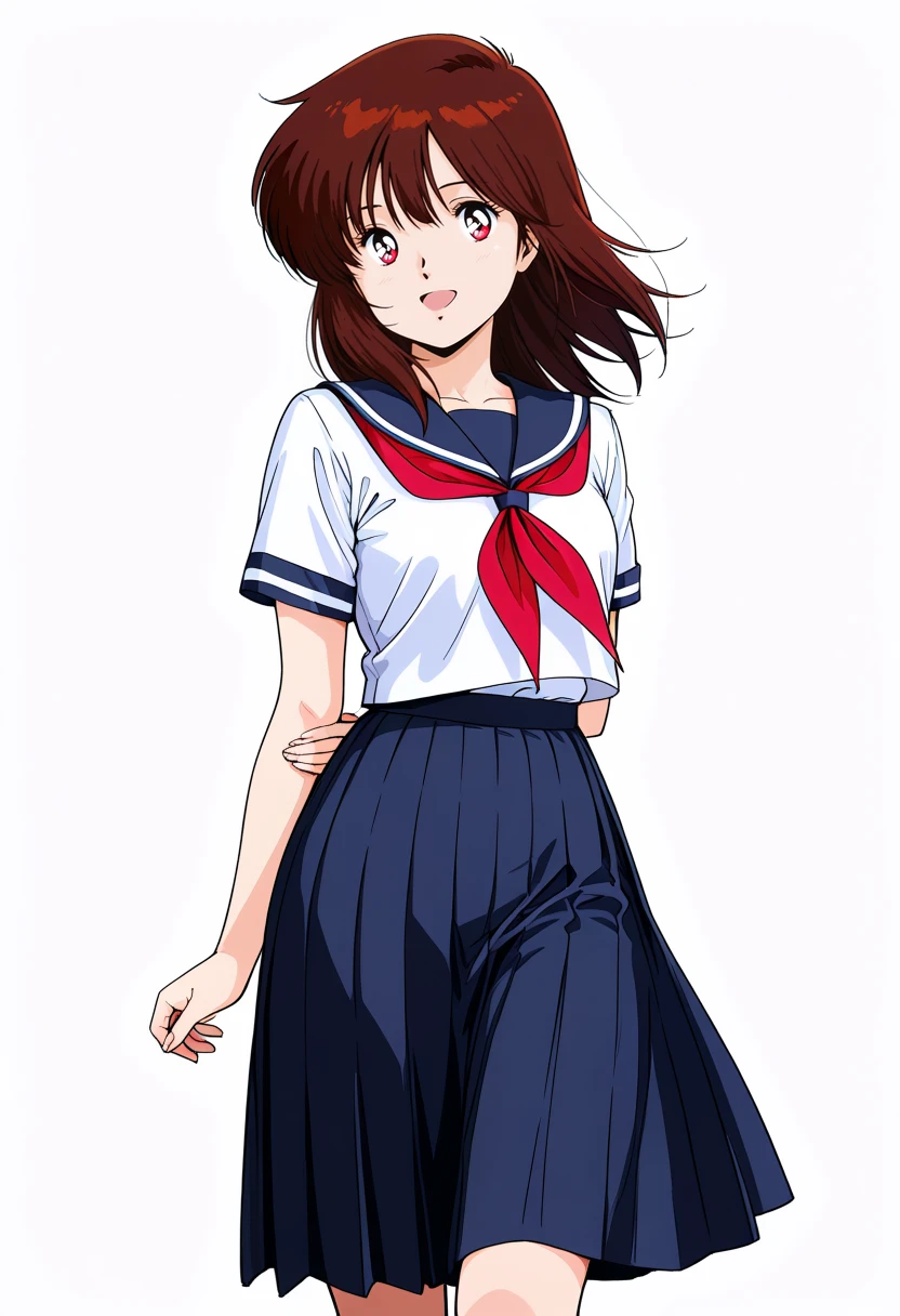 masterpiece, best quality, 1girl, solo, 4k, <lora:ill_reina_s:0.9>, machinerobo_reina, serafuku, dark blue sailor collar, short sleeves, neckerchief, pleated skirt, skirt, long skirt, brown hair, medium hair, bangs, red eyes, looking at viewer, smile, open mouth, white background, simple background, 1980s\(style)\