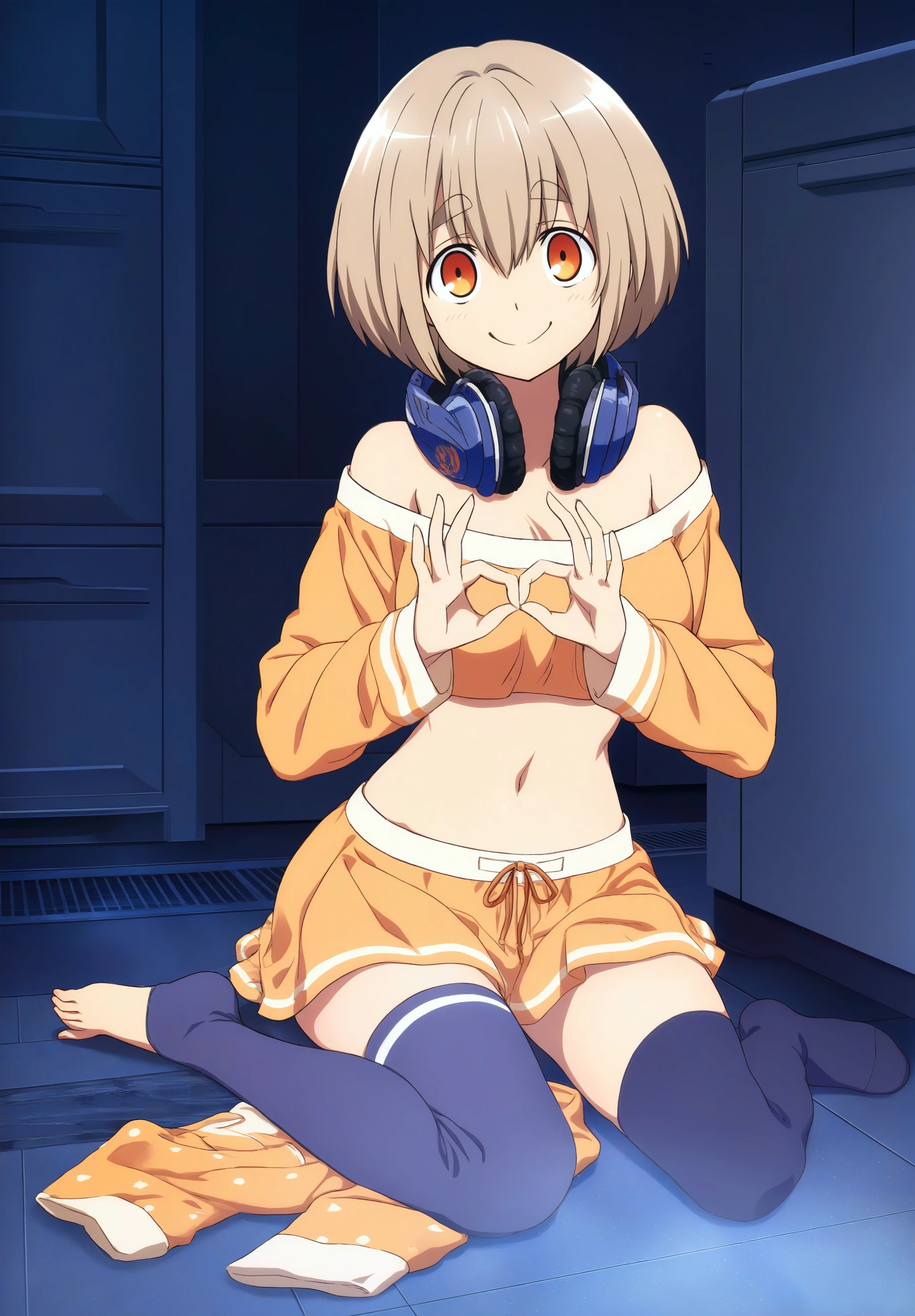masterpiece,absurdres,best quality,high quality,<lora:MeMaXL5 Type D vpred Noob:1>,1girl,medium breasts,round face,bob cut,light brown hair,hair in takes,drill hair,alien ears,thick eyebrows,tareme,orange eyes,bare shoulders,navel,slender,pajamas,miniskirt,uneven_legwear,barefoot,navy_blue_legwear,headphones_around_neck,exhausted,(ok_sign:1.1),looking at viewer,indoors,sitting,on_floor,