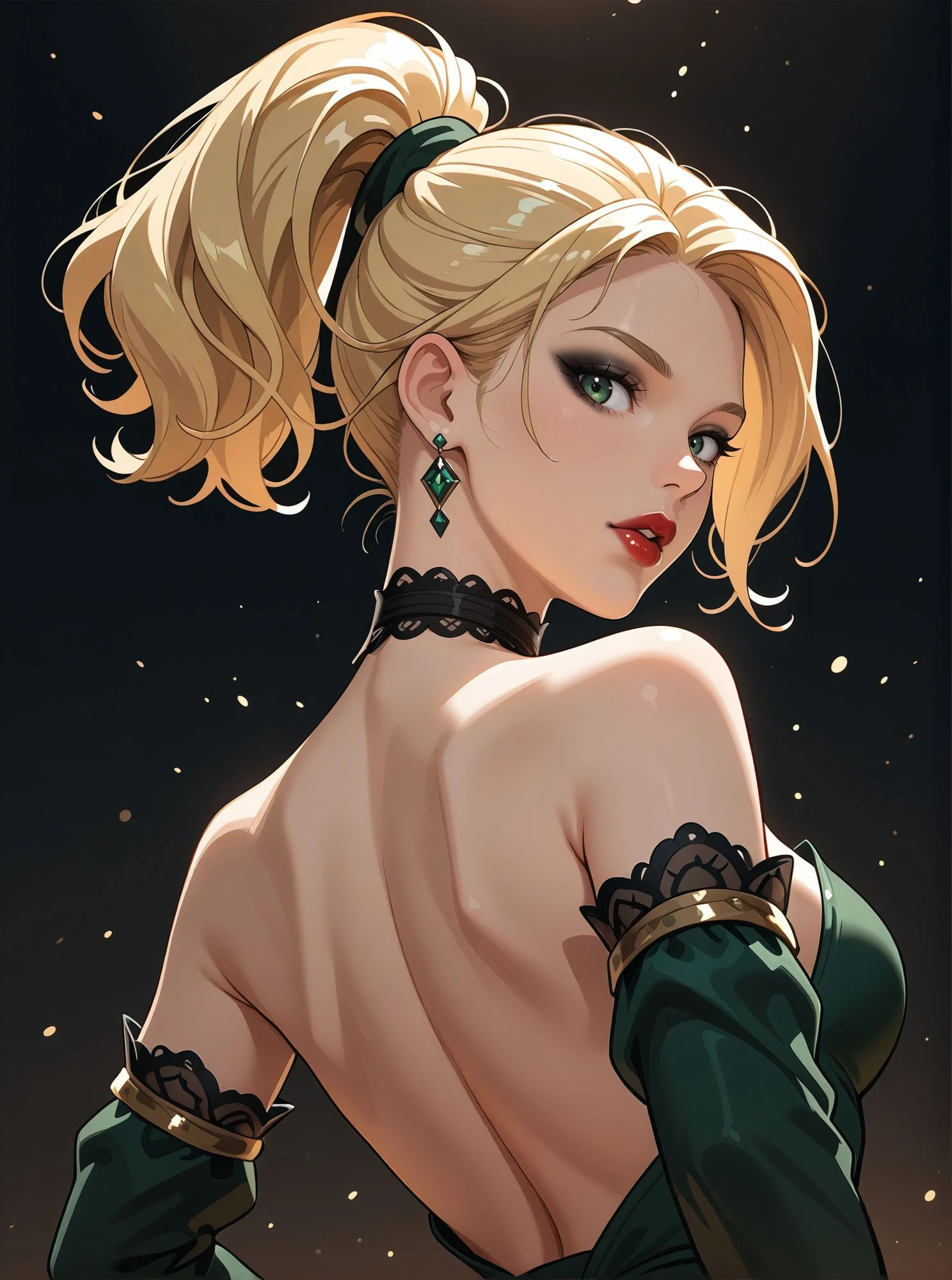 woman, dark background,  shoulders, choker, black eyeliner, eyeshadows, suspended particles, detached sleeves, elegant outfit, earrings, low angle, back, looking back at viewer, close, hand on hip,, <lora:Woomy 6 IL:0.8> dark green eyes, red lips, full lips, blond, ponytail,