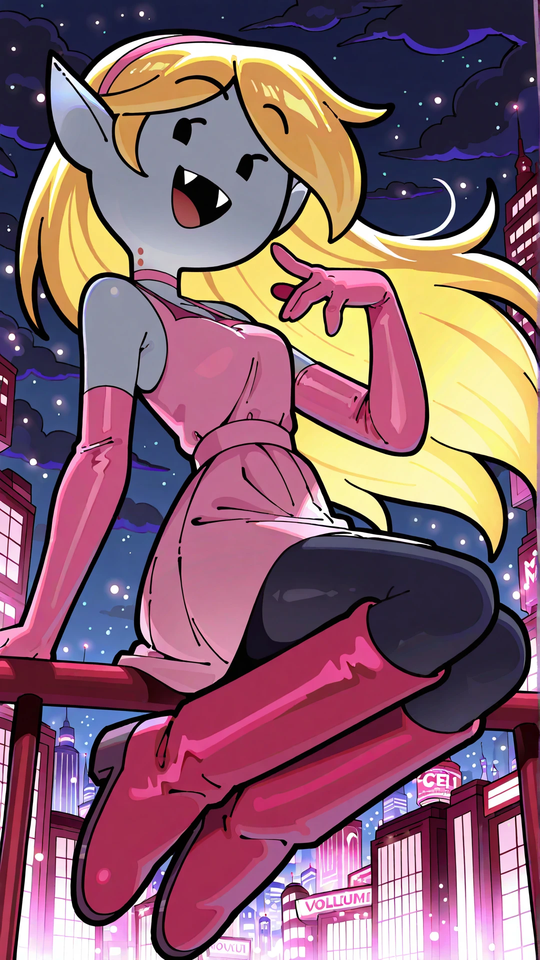 adventuretime_marceline, ((best quality, masterpiece, absurdres)), ((1girl, solo, long hair, blonde hair, pointy ears, black eyes, solid oval eyes, fangs, grey skin)), ((pink dress, pink boots, pink elbow gloves, pink headband)), ((looking at viewer, smile, open mouth)), ((very aesthetic, night time, light particles, volumetric lighting, photoshop, city))