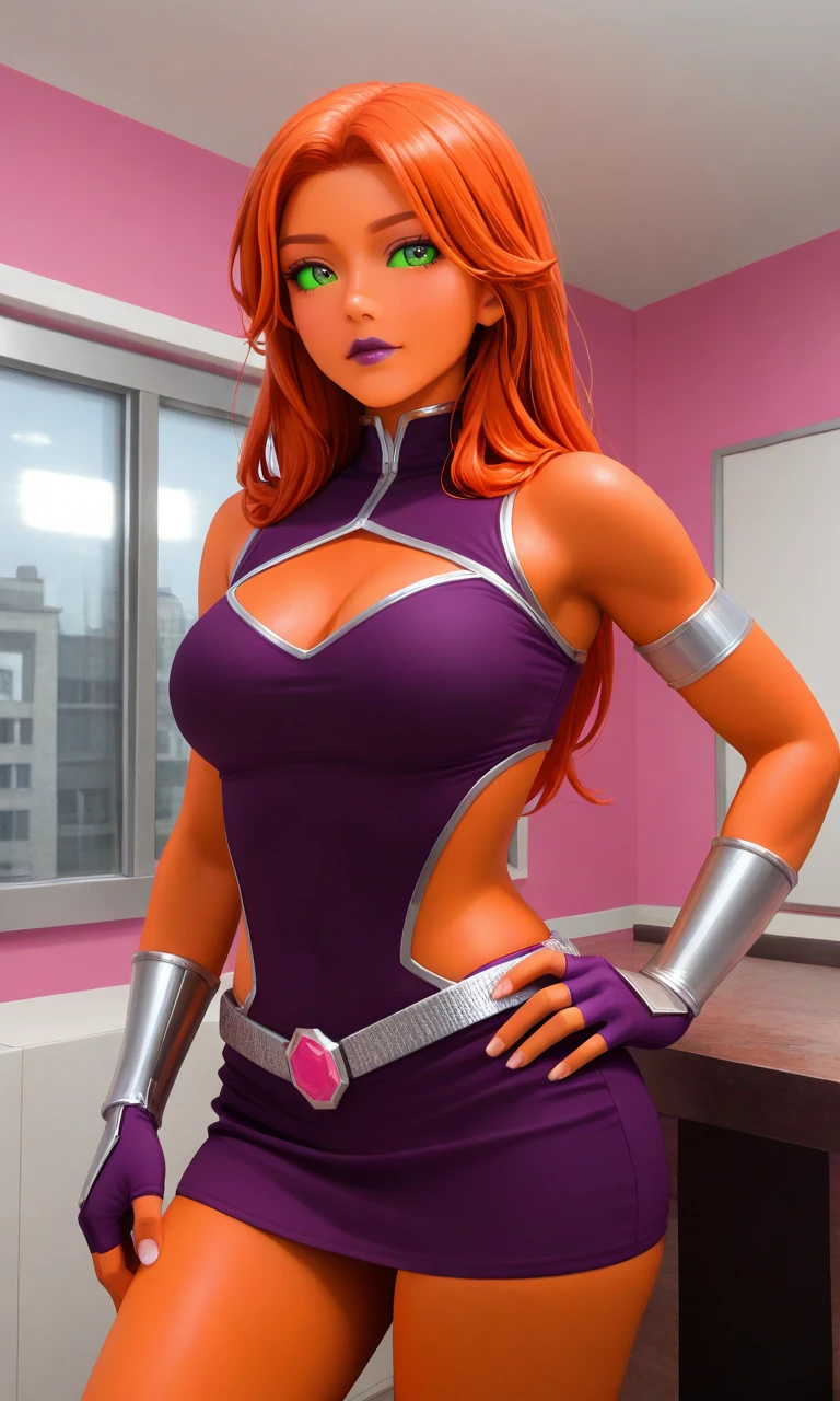 Starfire, teen titans starfire, orange hair, green eyes, beautiful, skinny waist, toned, sexy, seductive, big beautiful eyes, (very detailed face), seductive pose, alurring, model, dynamic pose