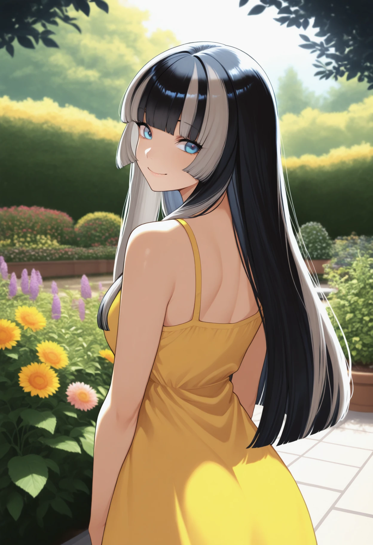 masterpiece, best quality, 1girl, solo, Juufuut3iRdn, blue eyes, black hair, grey hair, multicolored hair, long hair, hime cut, from behind, yellow sundress, garden, day, sunshine, smile, looking back, <lora:ChamJuufuuteiRadenNoob:1>