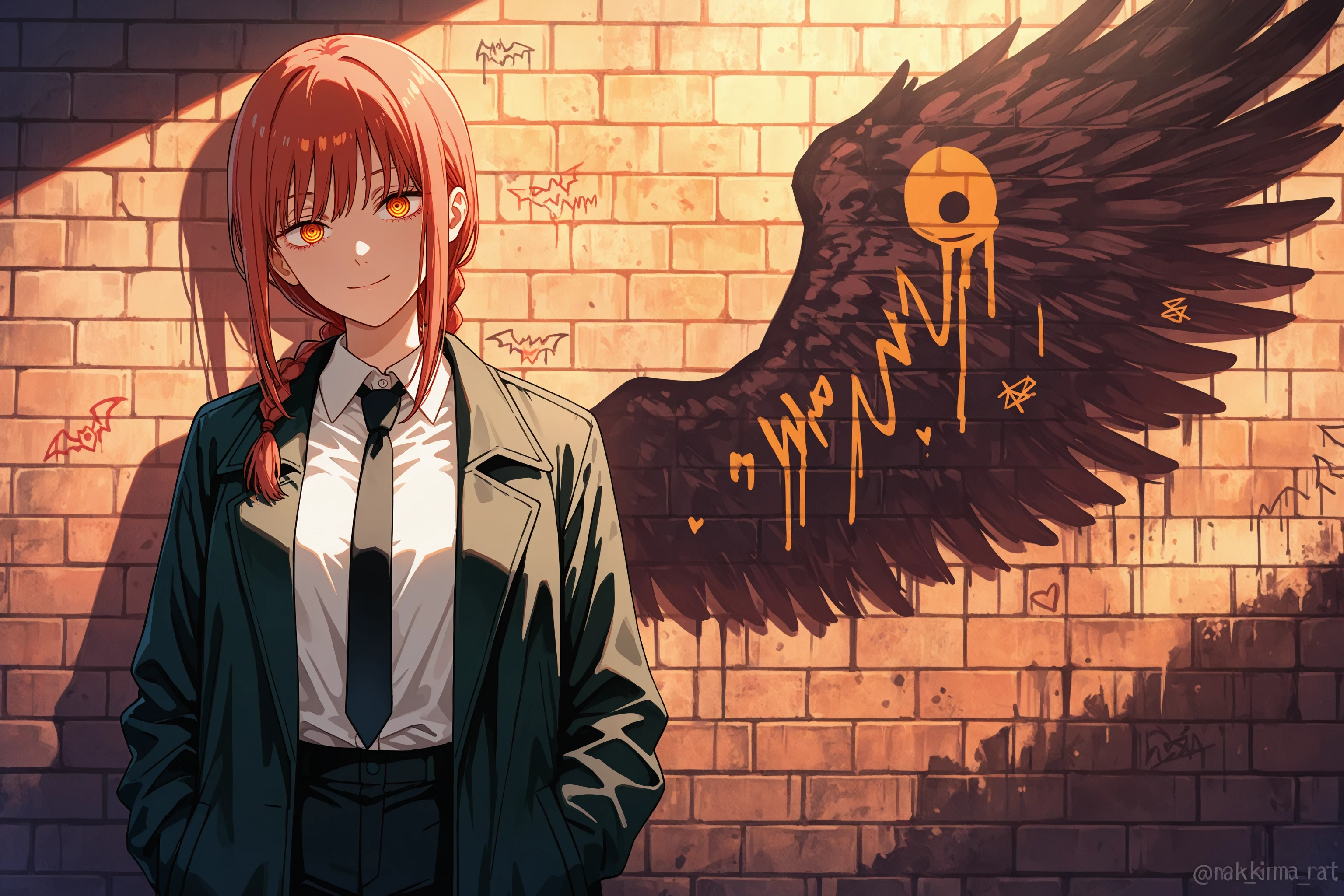 masterpiece, best quality, absurdres, safe
1girl, wings graffiti, brick wall,
makima \(chainsaw man\), smile,
<lora:angel_with_a_shotgun_il_5_d16:1>