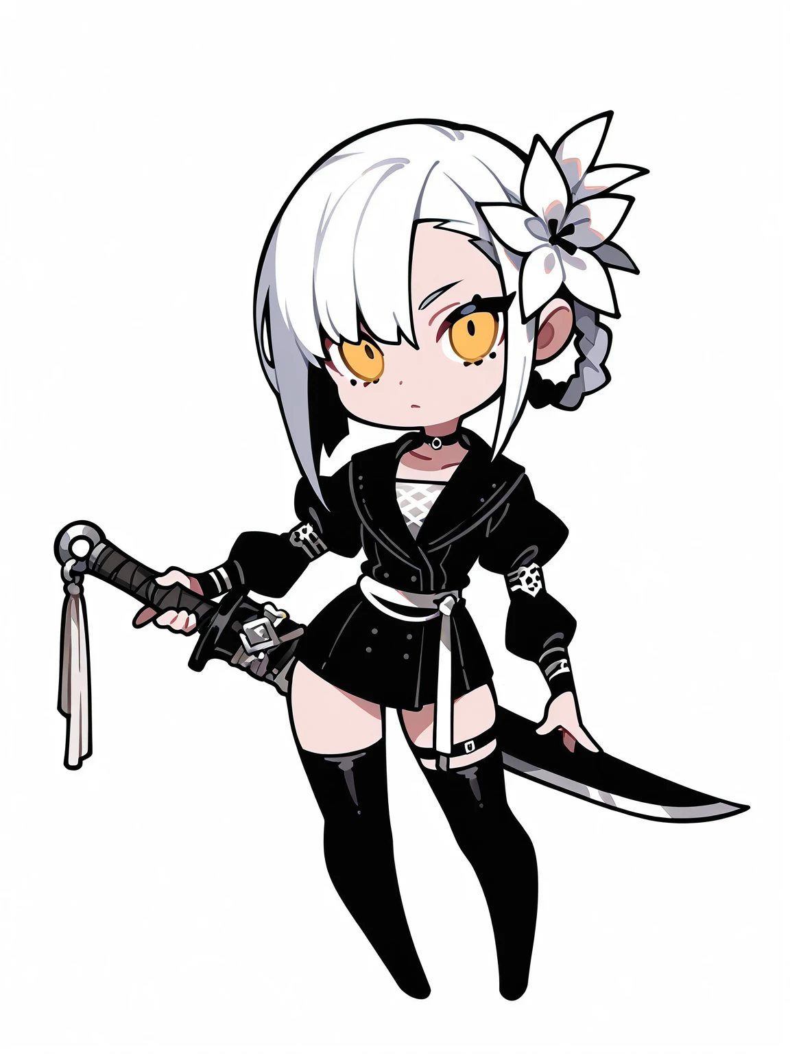 1girl, solo, chibi, full body, posing, black sword, reverse grip, white background, kairein, white hair flower, asymmetrical bangs, hair ring, yellow eyes, choker, jacket, belt, juliet sleeves, thighhighs <lora:Nier_KaineDLC-IL:0.7>, masterpiece, best quality, detailed, highres, newest, recent, very as2, very awa