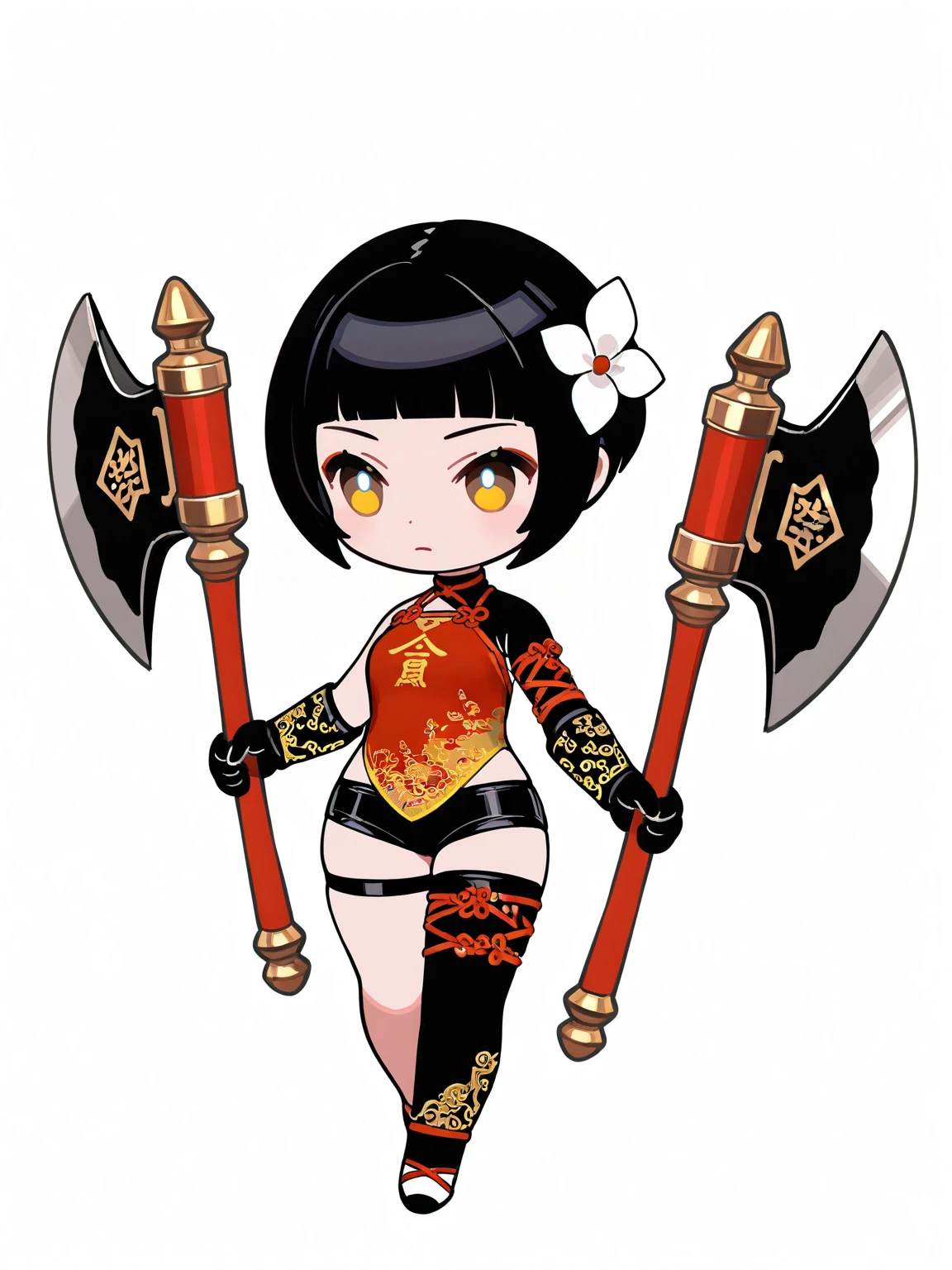 1girl, solo, chibi, full body, dual wielding, axe, white background, kaibuki, asymmetrical clothes, black hair, bob cut, yellow eyes, hair flower, chinese clothes, thigh strap, single thighhigh, black gloves, short shorts <lora:Nier_KaineDLC-IL:0.8>, masterpiece, best quality, detailed, highres, newest, recent, very as2, very awa