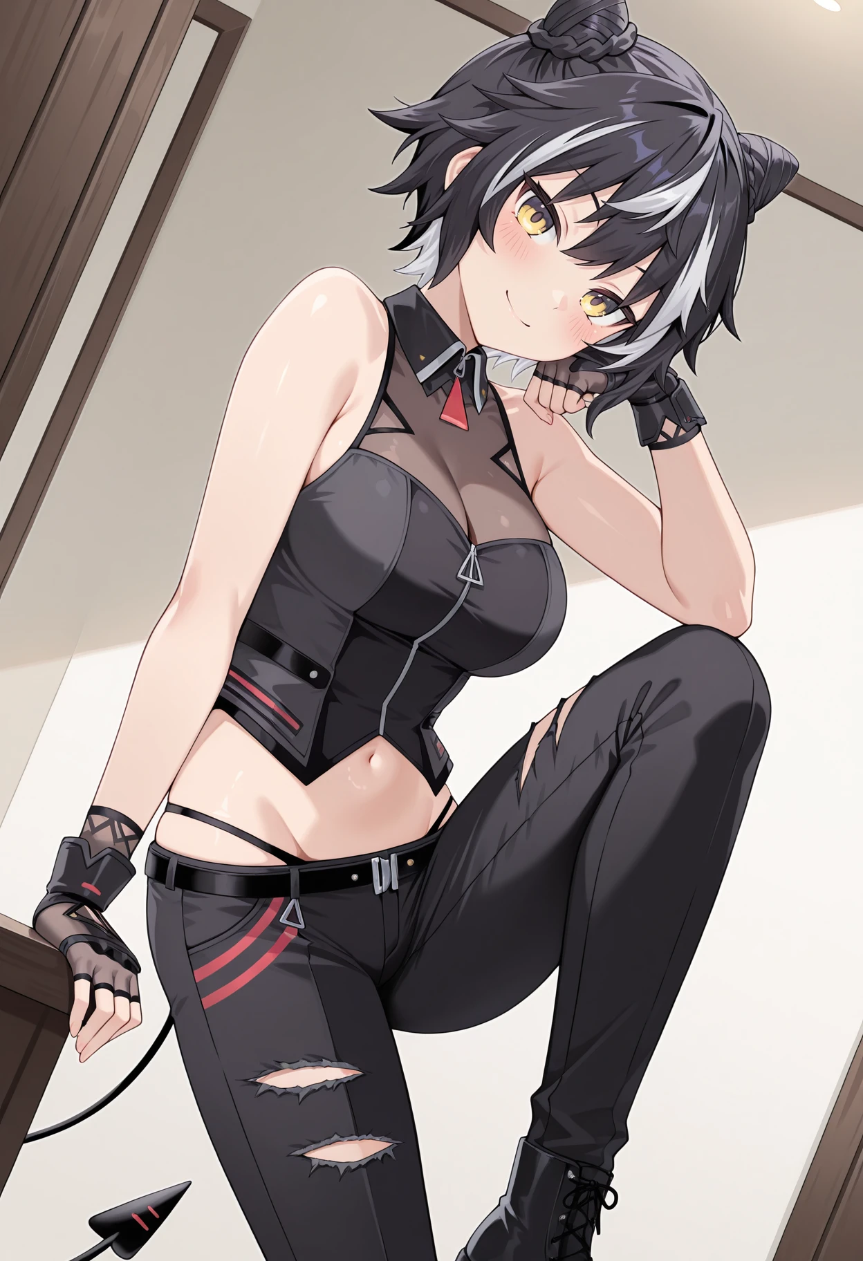 highres, best quality, masterpiece, indoors,
1girl, solo, npjagaa, short hair, two-tone hair, black hair, streaked hair, cone hair bun, double bun, yellow eyes, tail,
njagdef, collared shirt, see-through shirt, see-through cleavage, black shirt, sleeveless, fingerless gloves, midriff, lowleg pants, panties, black pants, torn pants,
looking at viewer, blush, smile,
standing, stepping, knee up, head rest, dutch angle,
<lora:_jagaa_nep-elesico-ilxlAa-000014:1>