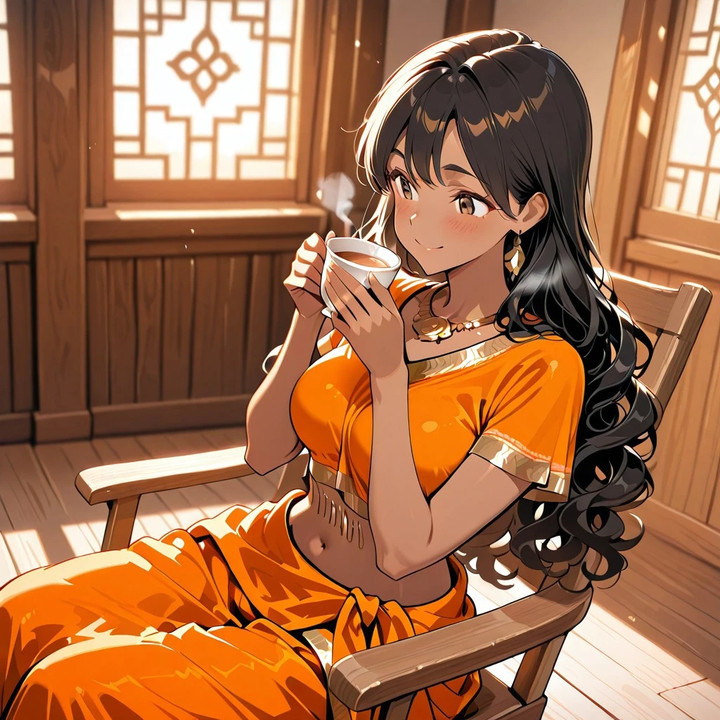 masterpiece, best quality, amazing quality, girl, brown skin, tan skin, perfect brown eyes, very long black hair, wavy hair, whispy bangs, medium breasts, 8k, highest quality, ultra details,1girl, solo,
orange Sari, saree, midriff, Indian Girl, Traditional Indian Clothes, Brown Skin, sitting on a wooden chair, holding a tea cup, happy, drinking tea, summer season,beautiful temple, indoors, warm colors, warm lighting