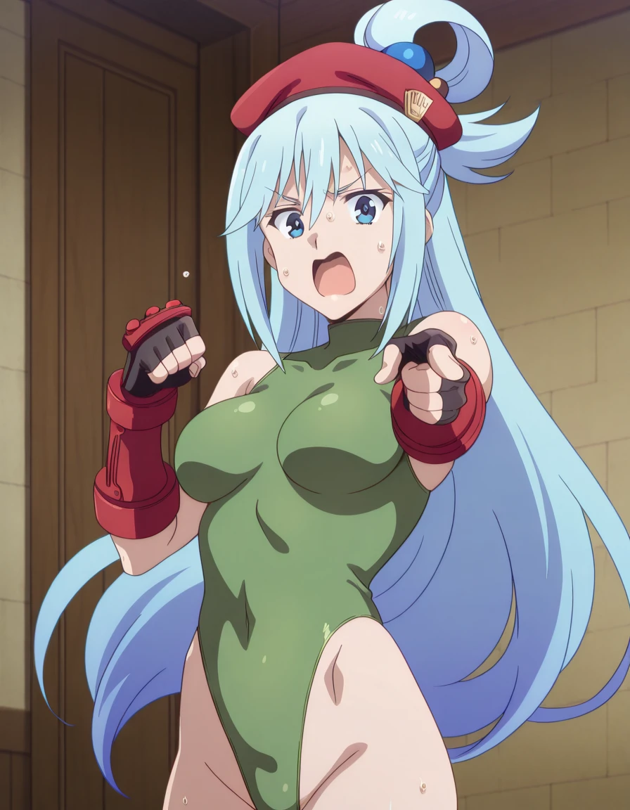 masterpiece, best quality, amazing quality,, <lora:konosuba-aqua-s2-illustriousxl-lora-nochekaiser:1>, aqua (konosuba), long hair, blue eyes, hair ornament, very long hair, blue hair, hair rings, single hair ring, hair bobbles, mature female, breasts, anime screencap, <lora:cammy-white-cosplay-illustriousxl-lora-nochekaiser:1>, cammy white cosplay, cammy white (cosplay), beret, fingerless gloves, gloves, green leotard, hat, leotard, red beret, bare shoulders, highleg leotard,, <lora:jotaro-kujo-pose-illustriousxl-lora-nochekaiser:1>, jotaro kujo pose, kujo jotaro's pose (jojo), jojo pose, pointing, pointing at viewer, cowboy shot, sweating_profusely, open mouth, , ,