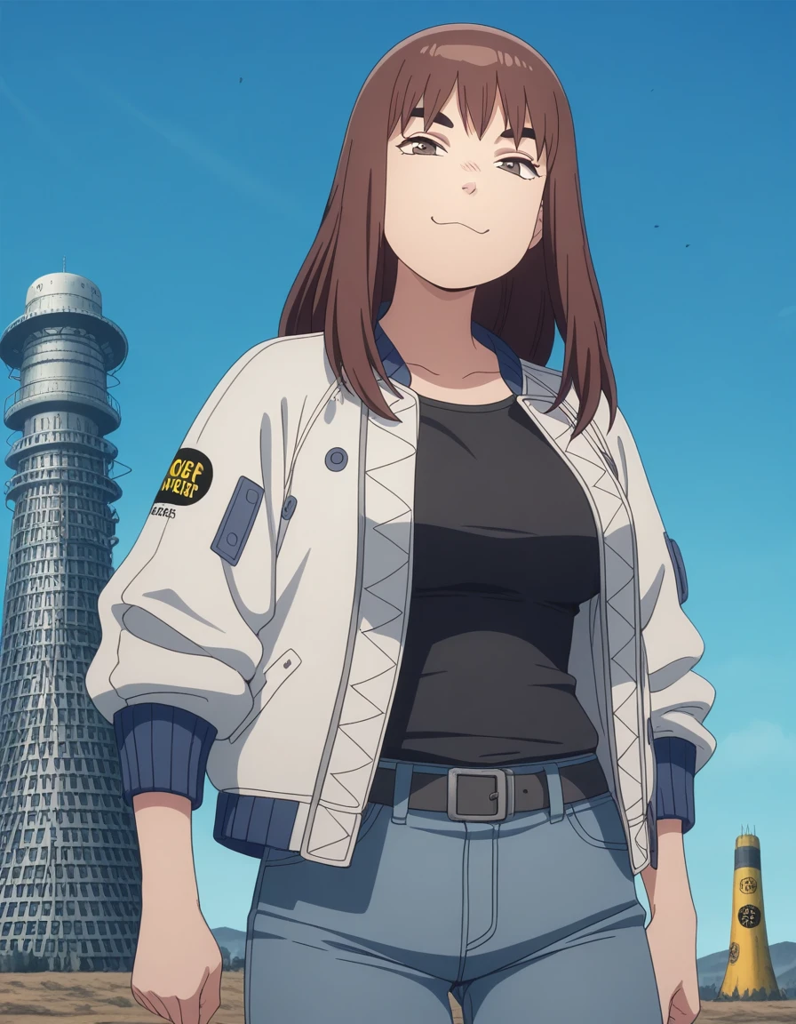 masterpiece, best quality, amazing quality,, <lora:kiruko-s1-illustriousxl-lora-nochekaiser:1>, kiruko, long hair, bangs, brown hair, brown eyes, thick eyebrows, mature female, meduim breasts, anime screencap, jacket, belt, pants, hood, denim, jeans, black shirt, open clothes, open jacket, white jacket,, smug, nuclear powerplant, radiation, cooling_towers, danger, energy, cowboy shot, solo, looking at viewer,
