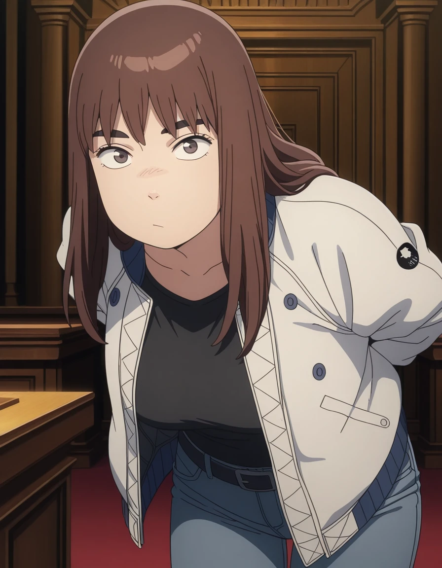 masterpiece, best quality, amazing quality,, <lora:kiruko-s1-illustriousxl-lora-nochekaiser:1>, kiruko, long hair, bangs, brown hair, brown eyes, thick eyebrows, mature female, meduim breasts, anime screencap, jacket, belt, pants, hood, denim, jeans, black shirt, open clothes, open jacket, white jacket,, hands behind back, bent over,, courtroom, judge, witness_stand, audience, formality, cowboy shot, solo, looking at viewer,