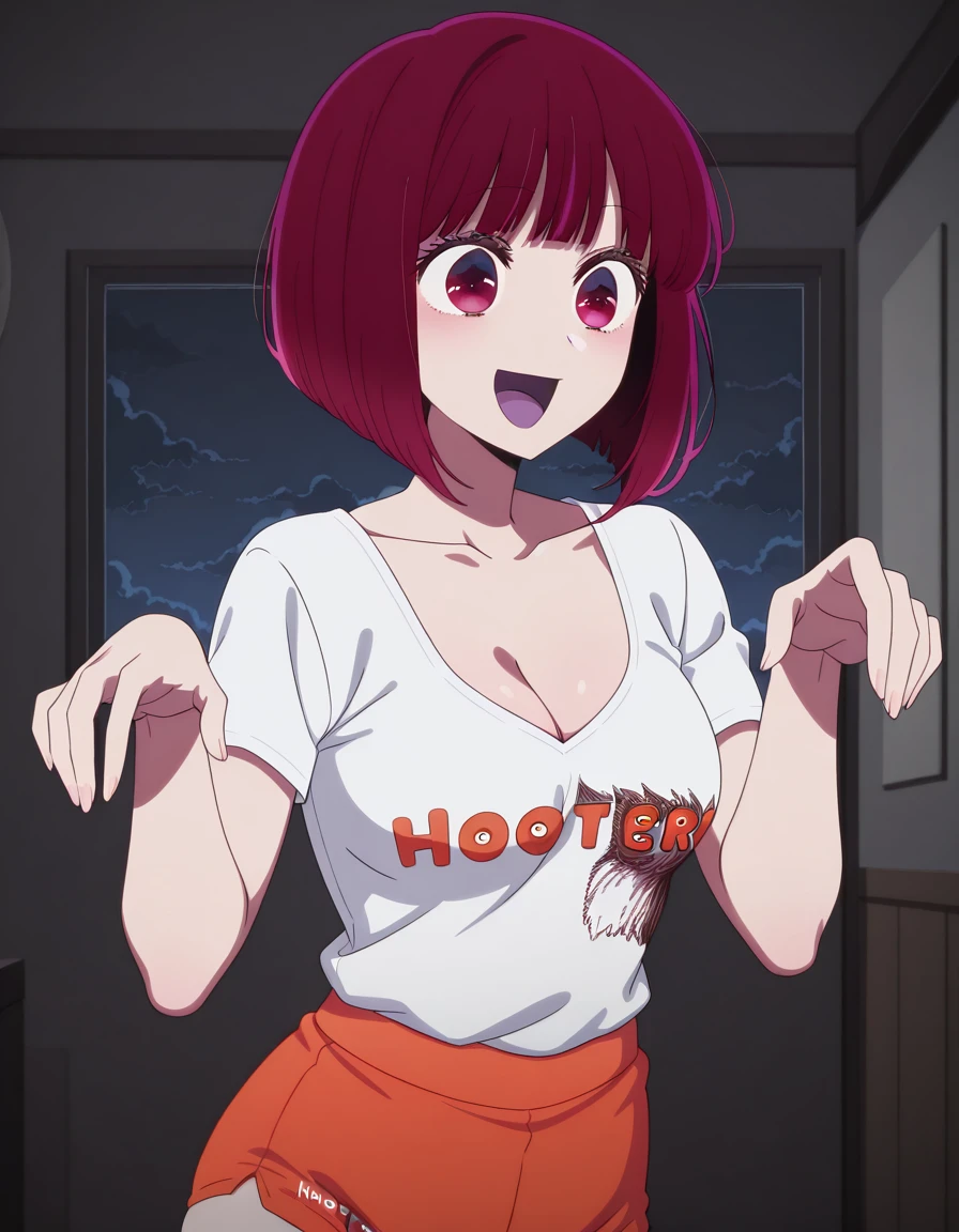 masterpiece, best quality, amazing quality,, <lora:kana-arima-s1-illustriousxl-lora-nochekaiser:1>, kana arima, short hair, bangs, red eyes, red hair, bob cut, mature female, medium breasts, anime screencap,, <lora:hooters-illustriousxl-lora-nochekaiser:1>, hooters, shirt, white shirt, short shorts, clothes writing, brand name imitation, orange shorts, cleavage, <lora:ghost-pose-illustriousxl-lora-nochekaiser:1>, ghost pose, ghost, purple tongue, open mouth, tongue, hands up, indoors, night, night sky, dark, horror (theme), cloud, dark cloud, dim lighting, dark room, backlighting, cowboy shot, :d, , , ,