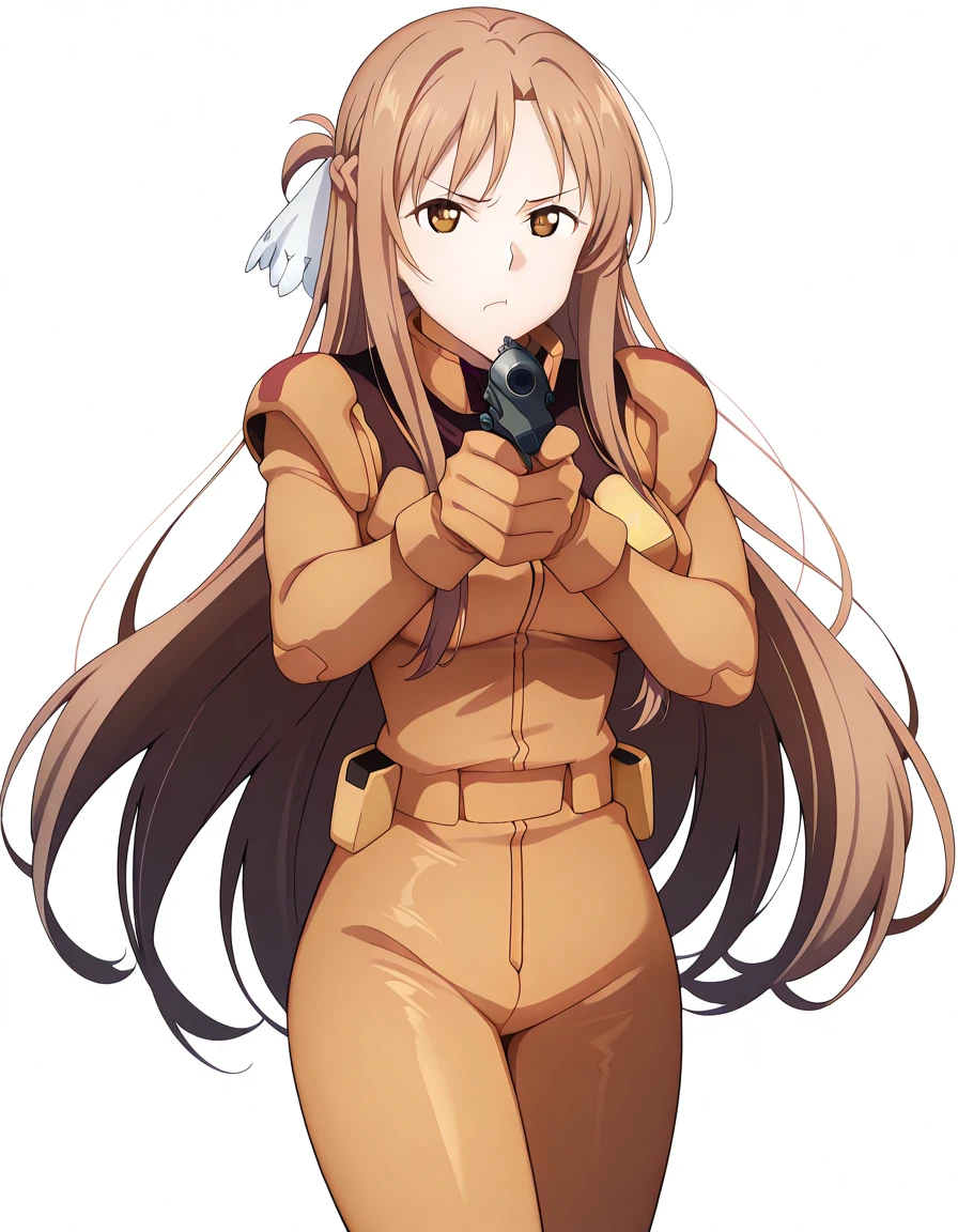 masterpiece, best quality, amazing quality,, <lora:asuna-yuuki-s3-illustriousxl-lora-nochekaiser:1>, asuna yuuki, yuuki asuna, long hair, bangs, brown hair, brown eyes, very long hair, braid, mature female, medium breasts, anime screencap,, <lora:zanscare-pilot-suit-illustriousxl-lora-nochekaiser:1>, zanscare pilot suit, gloves, uniform, bodysuit, pilot suit, orange bodysuit,, <lora:center-axis-relock-stance-illustriousxl-lora-nochekaiser:1>, center axis relock stance, looking at viewer, holding, closed mouth, weapon, holding weapon, gun, holding gun, handgun, aiming, finger on trigger, aiming at viewer, m1911,, pout, open mouth, <lora:transparent-background-illustriousxl-lora-nochekaiser:1>, transparent background, simple background, white background, ,