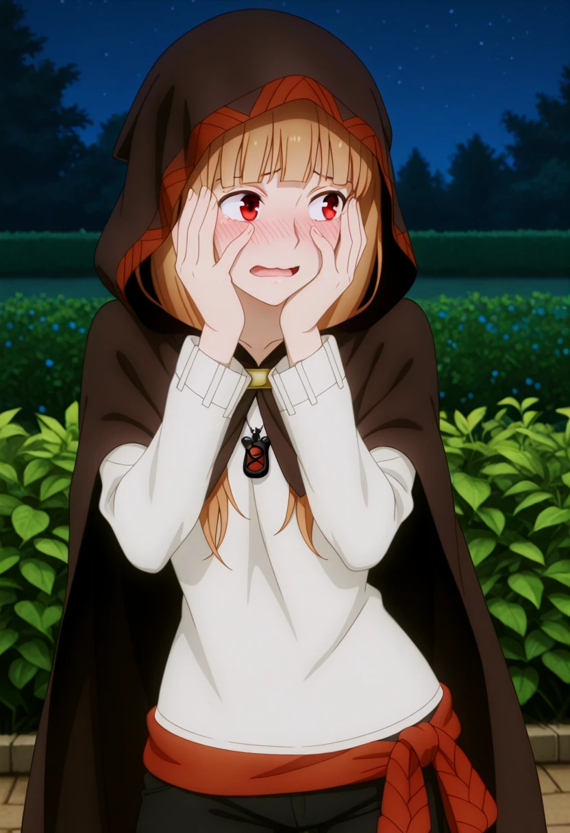 holooutfit3_cloaked, 1girl, long brown hair, bangs, red eyes, fox ears, medium , | on top hooded cloak, short cape, red patterned trim, clasp, white shirt, long sleeves, loose shirt, black long pants, cropped pants, necklace, pendant, red braided sash, 
 <lora:Holo_IL:1>,
 (Character), score_9, score_8_up, score_7_up, source anime, BREAK, cowboy shot, blushing, embarrassed, shy, looking away, hands near face, flustered, cute expression, garden background, night.