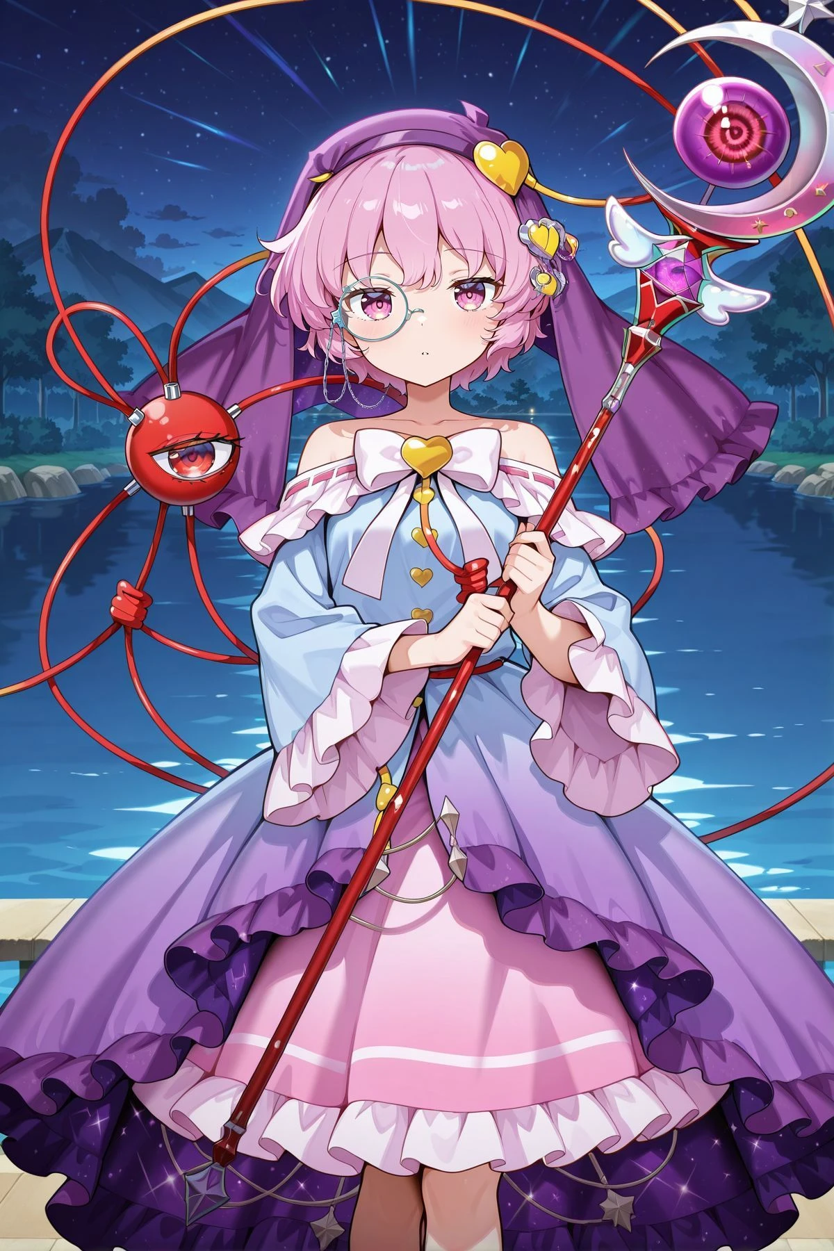 absurdres, highres, masterpiece, best quality, amazing quality, official anime artwork, screencap, anime screencap, looking at viewer, outdoors, night, lake,
<lora:Komeiji-Satori_IllustriousV2:1> komeiji satori, 1girl, solo, pink eyes, pink hair, short hair, third eye,, komeiji satori \(astrological magical girl\), adapted costume, purple veil, monocle, monocle chain, heart hair ornament, off shoulder, white bowtie, yellow buttons, heart button, blue dress, frilled sleeves, long sleeves, wide sleeves, gradient dress, starry sky print, magical girl, pink skirt, holding staff,