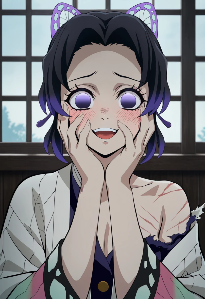 masterpiece, best quality, good quality, very awa, newest, highres, absurdres,outdoors,ShinobuKocho-DemonSlayer,
shinobu kocho \(demon slayer\), 1girl, solo, looking at viewer, short hair, open mouth, black hair, hair ornament, purple eyes, upper body, purple hair, multicolored hair, japanese clothes, indoors, window, butterfly hair ornament, haori, no pupils, demon slayer uniform, two-tone hair, purple jacket, collarbone, off shoulder, bruise, terrifying smile, both hands on face, blush , close up
,<lora:Shinobu Kocho (Demon Slayer) Illustrious v2:0.8>, bruised body, lash marks, whip marks, multiple cuts, mutiple scars,(torn clothes:1.2),