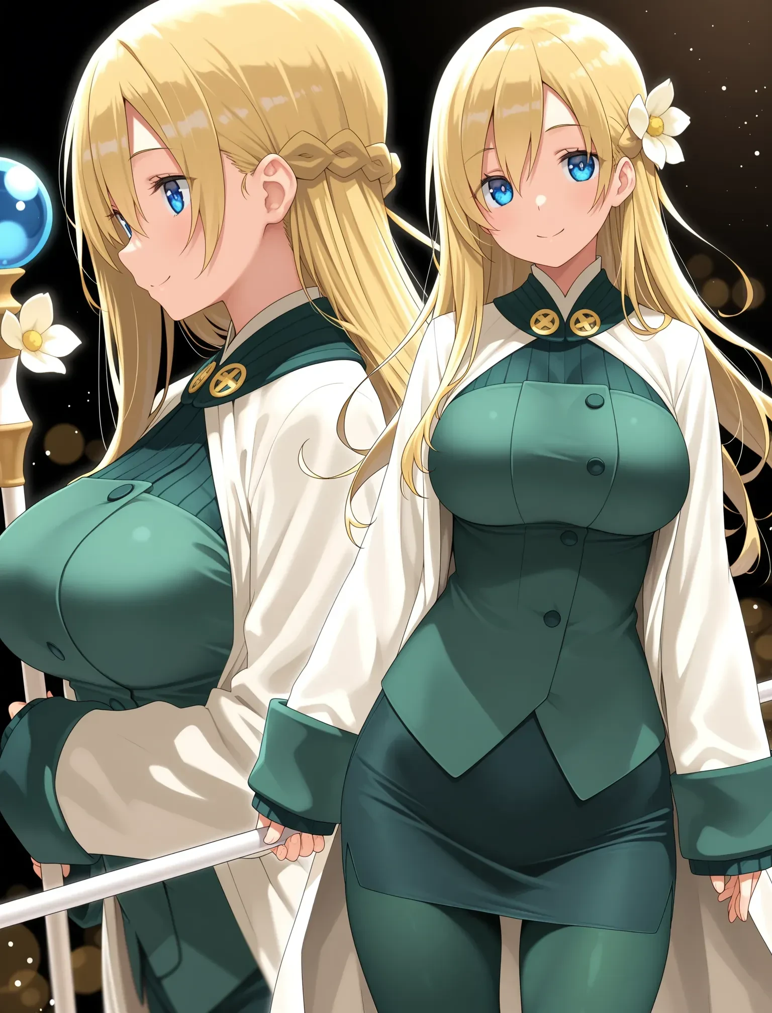 1girl,masterpiece,best quality,amazing quality,depth of field,no lineart,solo,<lora:mintSN:0.9>,mintSN,large breasts,pantyhose,pencil skirt,skirt,green pantyhose,long sleeves,miniskirt,green skirt,sleeves past wrists,vest,staff,holding,flower,blurry,light particles,looking at viewer,smile,mtu virus,multiple views,