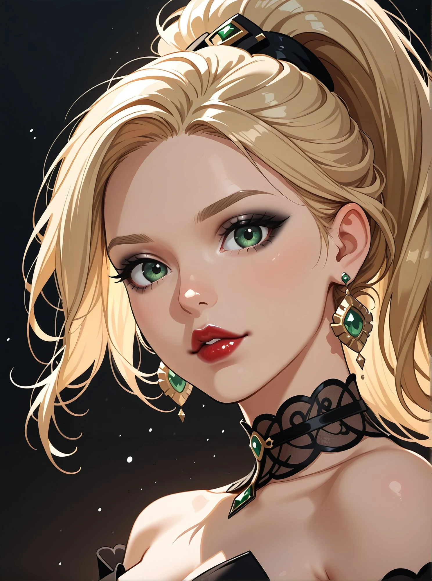 woman, looking at viewer, dark background,  shoulders, choker, black eyeliner, eyeshadows, suspended particles, detached sleeves, elegant outfit, earrings, close, portrait,, <lora:Woomy 6 IL:0.8> dark green eyes, red lips, full lips, blond, ponytail,