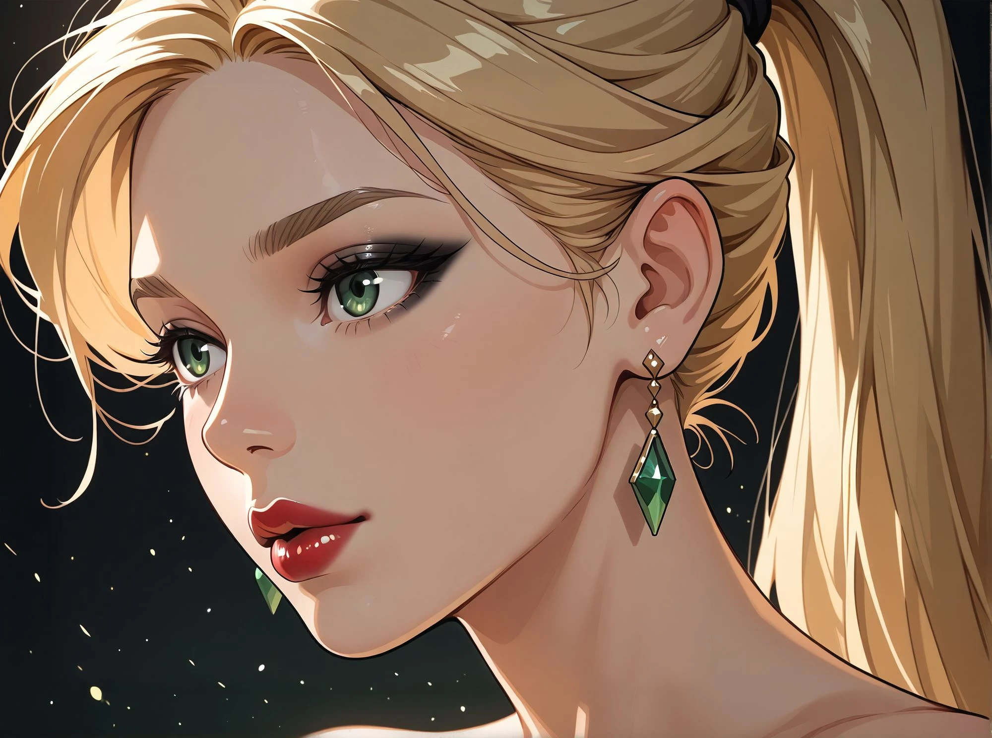 woman face, close up face, looking away, dark background, black eyeliner, eyeshadows, suspended particles, elegant, earring,  shoulder,, <lora:Woomy 6 IL:0.8> dark green eyes, red lips, full lips, blond, ponytail,