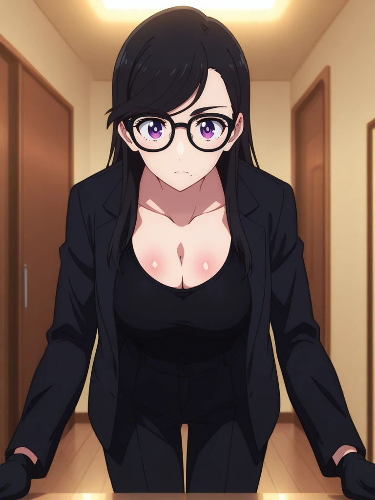 32k, Super-Resolution, professional, masterpiece, best quality, absurdres, award winning, Digital Art, very aesthetic, absolutely eye-catching, Cinematic Lighting, 16-bit RGB, character focus, perfect anatomy,body blush, perfect hands, ultra detailed, soft skin, Ray Tracing Global Illumination, Depth of Field, Cinematic, Ray Tracing Reflections, Concept Art, breathtaking, White Balance, F/2.8, Perspective, detailed gorgeous body, detailed gorgeous background, Anti-Aliasing, <lora:StS-Illustrious-Detail-Slider-v1.0:3>,extreme details, RTX, <lora:dynamic-pose-illustriousxl-lora-nochekaiser:1>, (dynamic pose:1.4), <lora:NSFW slider PXL_last:3>, cowboy shot, large breasts, <lora:hizuru:1>, hizuru,black hair,swept bangs, purple eyes, black glasses, mole under mouth, anime screenshot, hizurudress,black jacket, open jacket, long sleeves, black tank top,cleavage, black gloves,black pants,