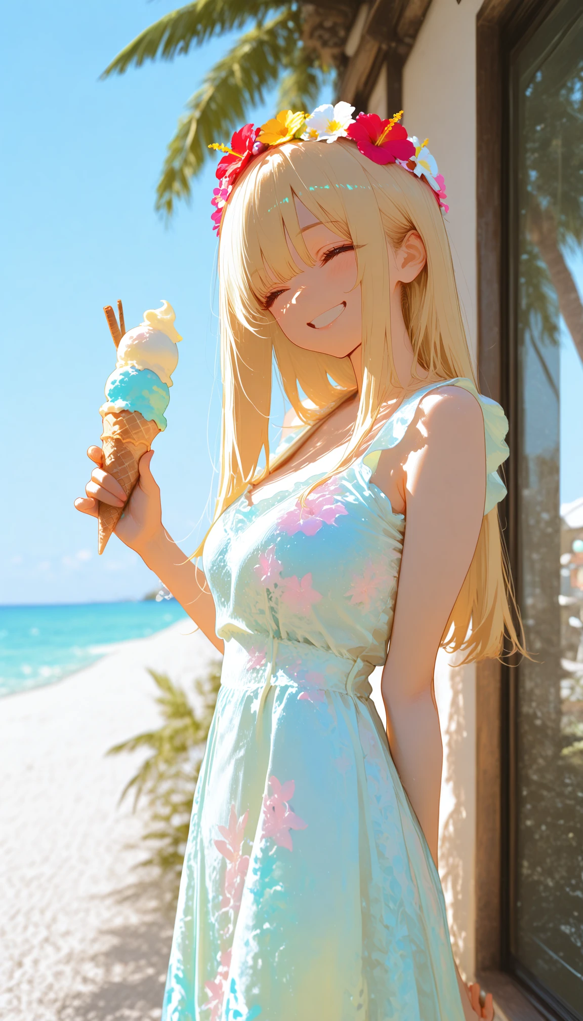 masterpiece, best quality, amazing quality, very aesthetic, absurdres, highres, newest, 2024, HDR, 8K, high detailed, detailed background, subtle lighting, masterful shading,
1gilr, long hair, straight hair, blonde hair, smile, holding an ice cream cone in her hand and smiling, outdoors, set outside a cafe, blue sky, coastline, palm tree, She has a flower on her head and is wearing a colorful dress, summer dress, upper body, cowboy shot,